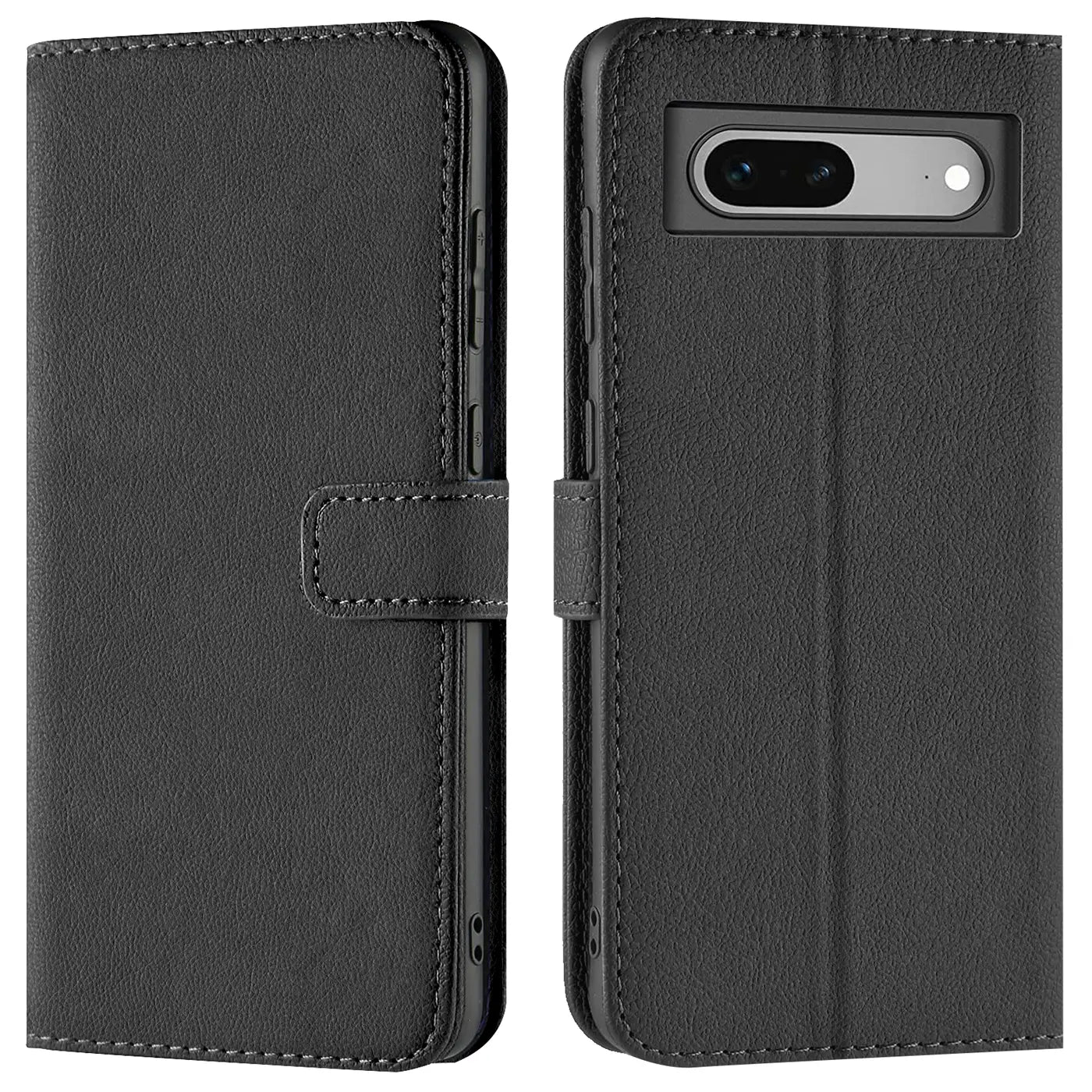 Schwarze Kunstleder-Klapphülle für Google Pixel 7, geschlossen (links) und geöffnet mit Kameraausschnitt (rechts).