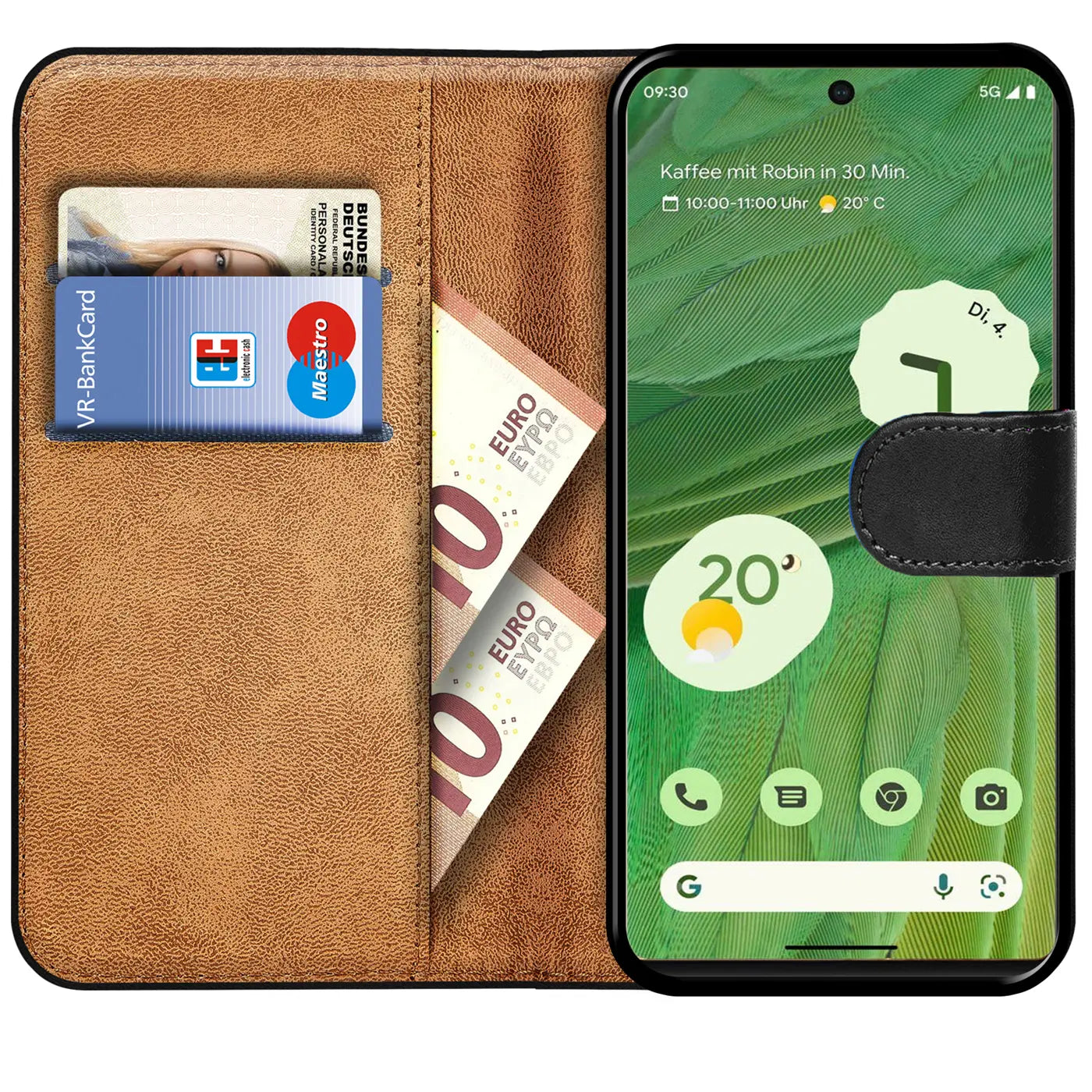 Offene braune Kunstleder-Klapphülle für Google Pixel 7 mit 2 Kartenfächern und Geldscheinfach, schräg von oben.