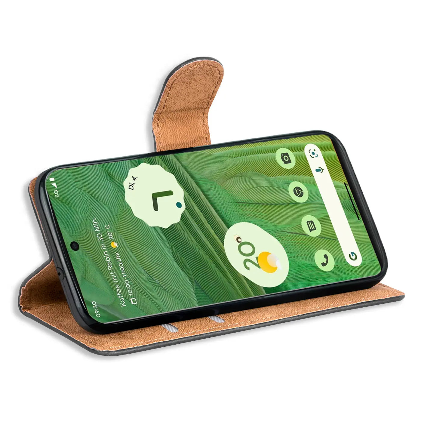 Google Pixel 7 in schwarzer Kunstleder-Klapphülle mit brauner Innenseite und Kartenfächern, schräg von oben.