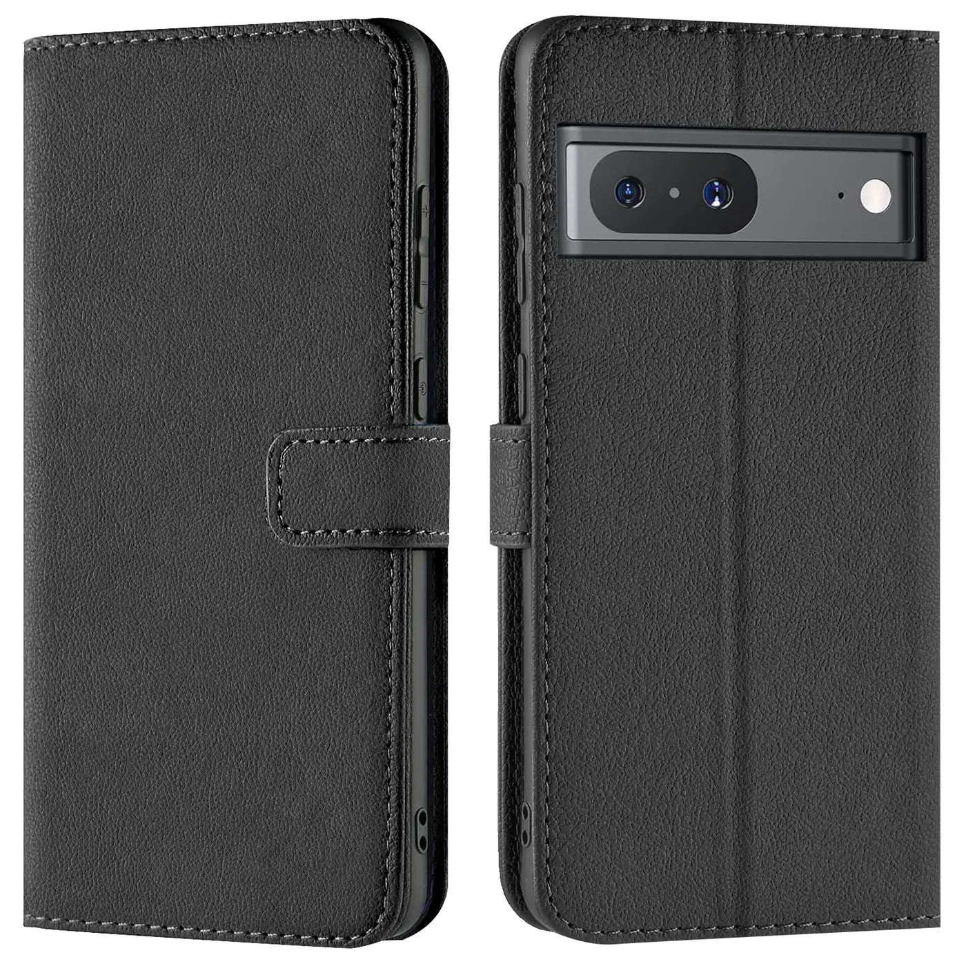 Zwei Ansichten einer schwarzen Kunstleder-Klapphülle für das Google Pixel 7a. Links geschlossen, rechts offen mit Kamera.