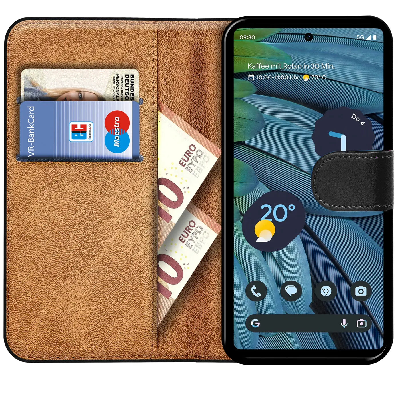 Braune Kunstleder-Klapphülle für Google Pixel 7a, geöffnet, mit Kartenfächern, Ausweis und Geldscheinen.
