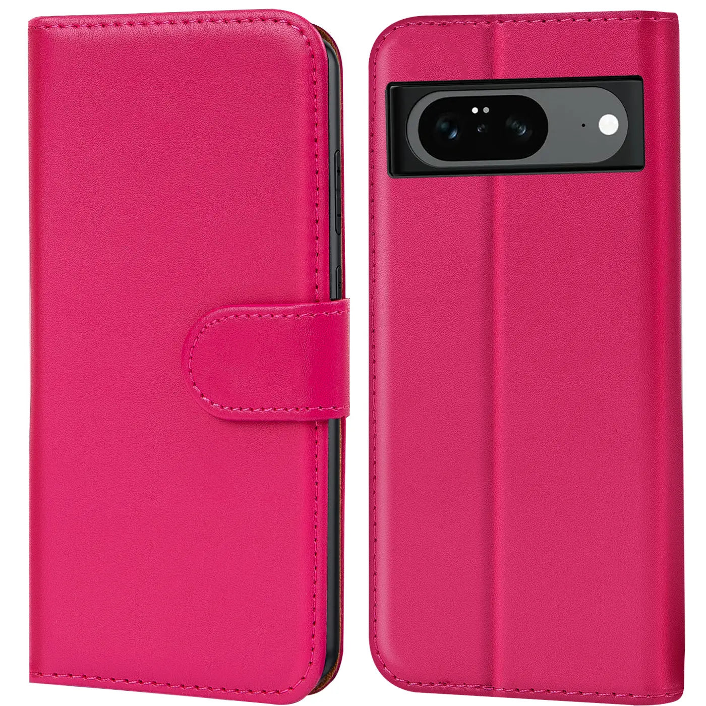 Fuchsiafarbene Kunstleder-Klapphülle für Google Pixel 8, geschlossen mit Lasche (links) und offene Rückseite (rechts).