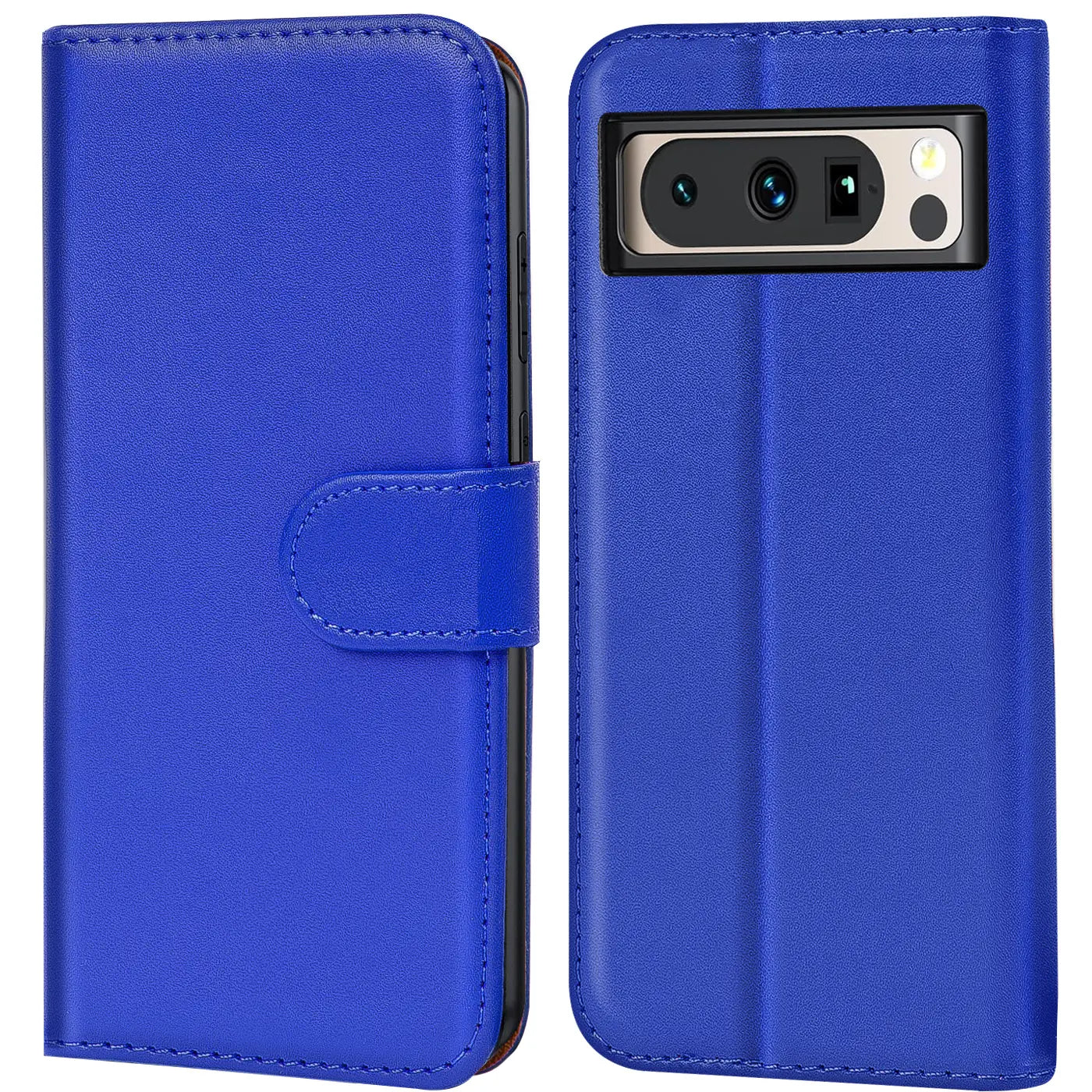 Blaue Kunstleder Klapphülle für Google Pixel 8 Pro, links geschlossen mit Lasche, rechts offen mit Kameraausschnitt.