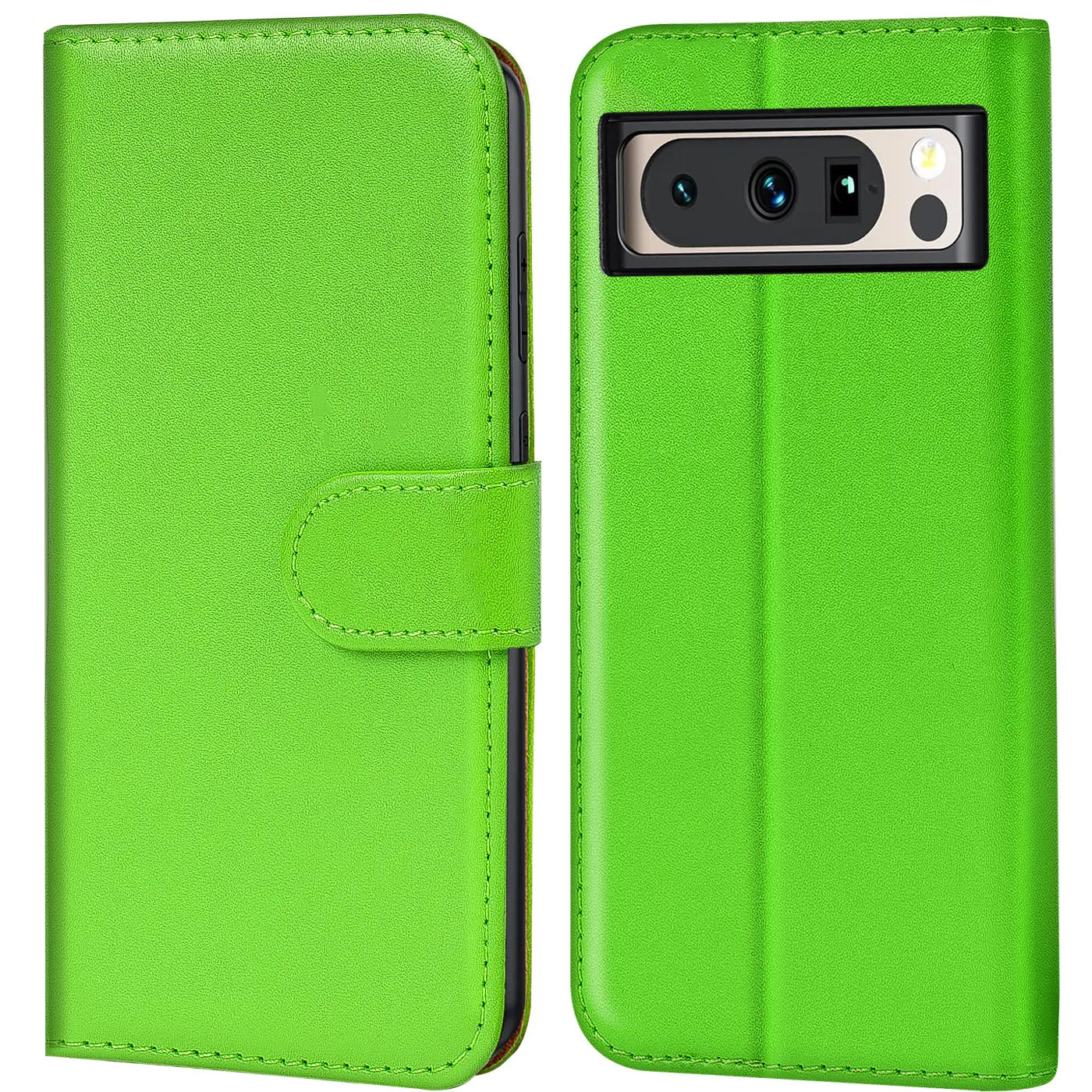 Grüne Kunstleder Klapphülle für Google Pixel 8 Pro, Vorder- und Rückseite, mit Magnetverschluss und Kameraausschnitt.