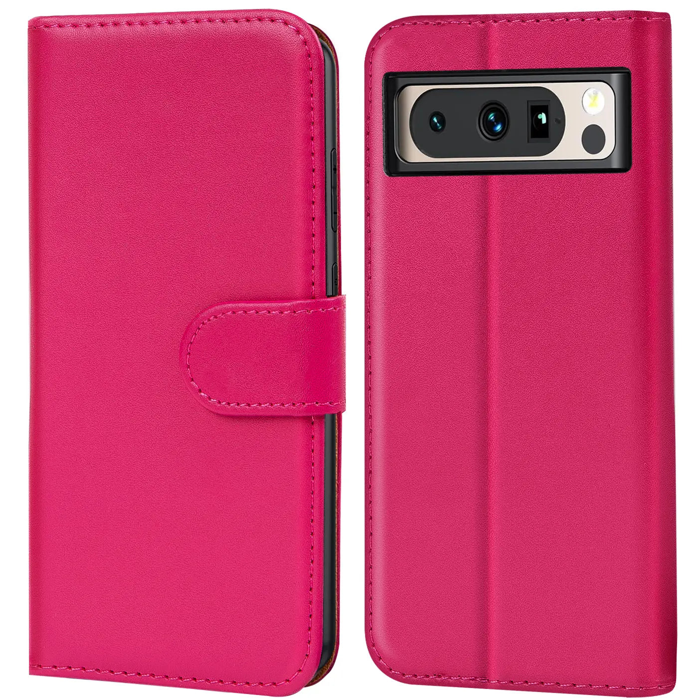 Zwei Ansichten einer pinken Kunstleder Klapphülle für Google Pixel 8 Pro. Links geschlossen mit Lasche, rechts offen.