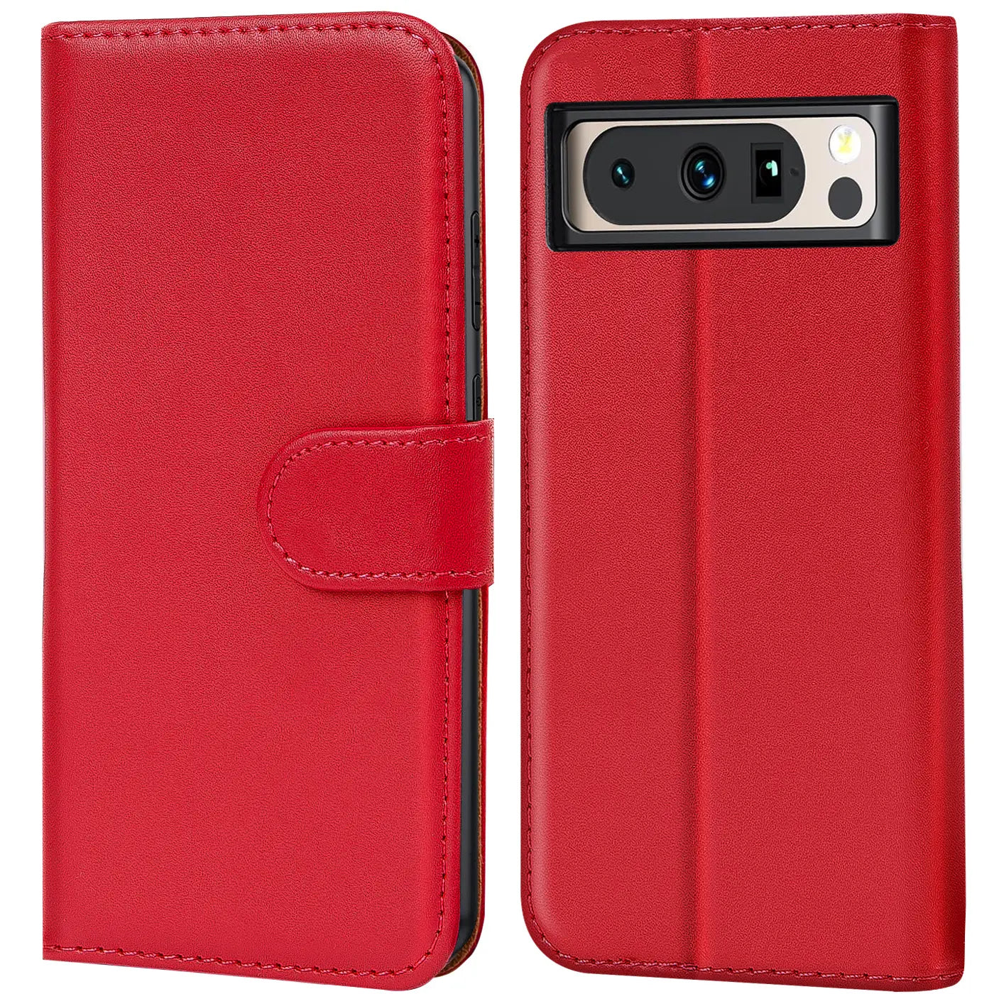 Rote Kunstleder Klapphülle für Google Pixel 8 Pro, geschlossen (links) und offen mit Kameraausschnitt (rechts).