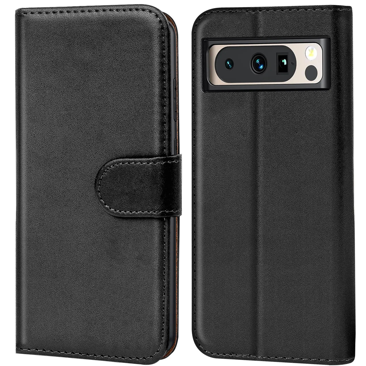 Zwei schwarze Kunstleder-Klapphüllen für Google Pixel 8 Pro, links geschlossen mit Lasche, rechts offen mit Kameraausschnitt.