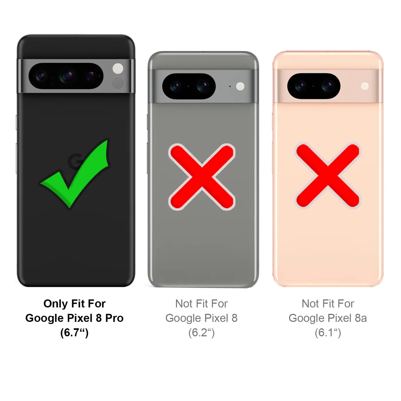 Drei Smartphone-Rückseiten: Schwarz mit grünem Haken (Google Pixel 8 Pro), Grau und Beige mit rotem X.