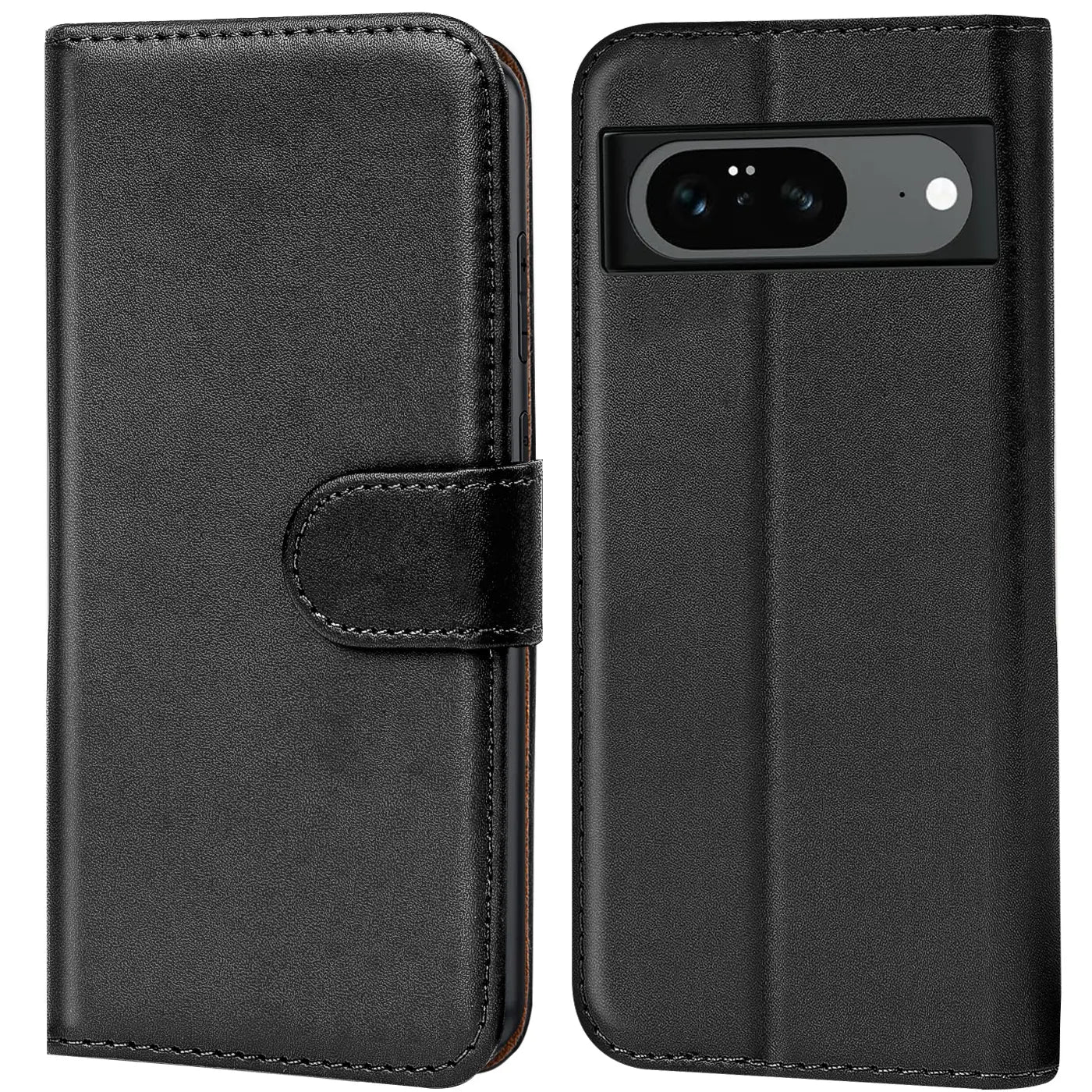 Zwei schwarze Kunstleder-Klapphüllen für Google Pixel 8, links geschlossen mit Lasche, rechts offen mit Kameraausschnitt.