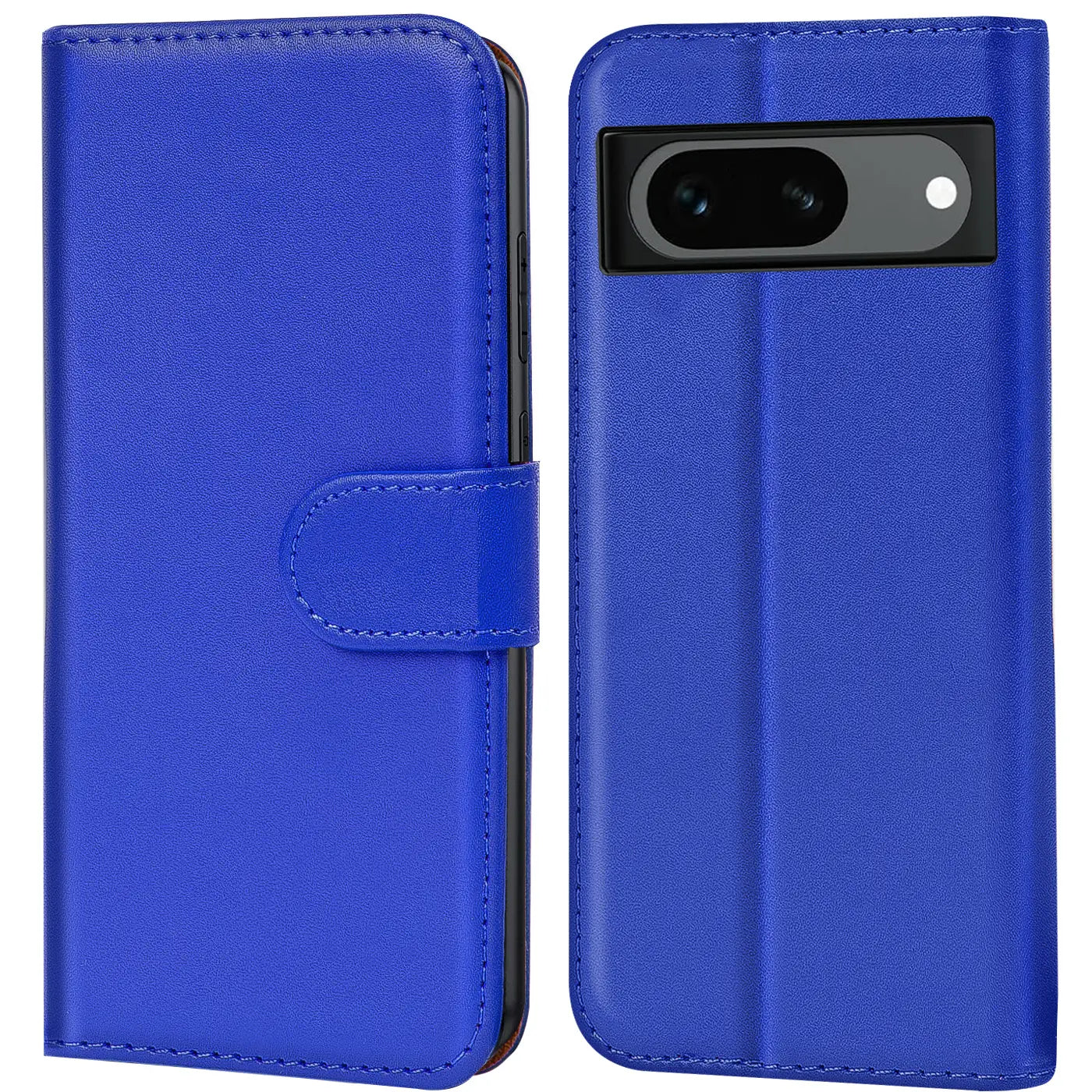 Zwei Ansichten einer blauen Kunstleder-Klapphülle für Google Pixel 8a: geschlossen mit Lasche und offen mit Kameraausschnitt.