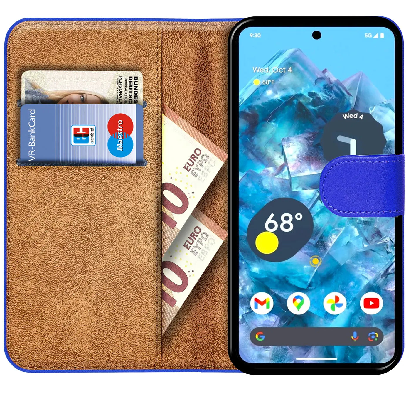 Blau-braune Kunstleder Klapphülle für Google Pixel 8a, offen mit Karten und Geldscheinen, schräg von oben.