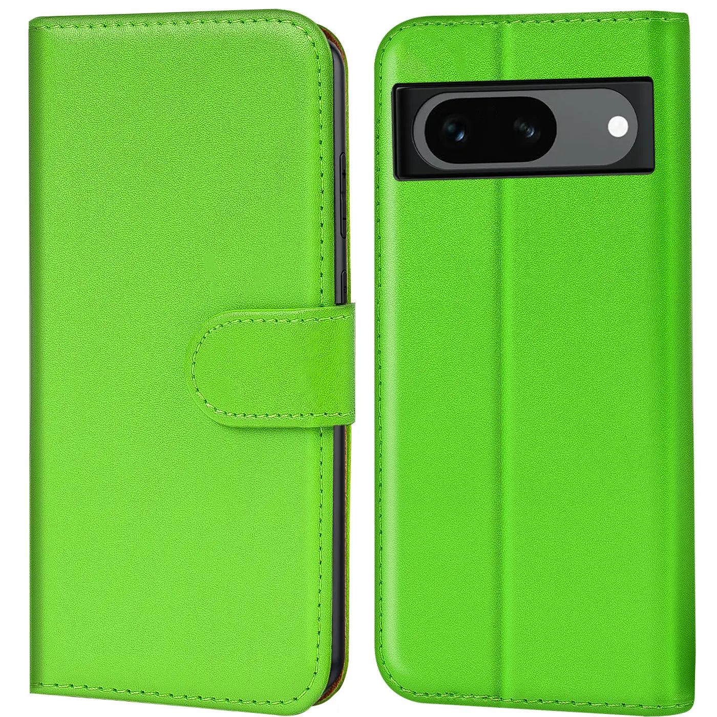 Grüne Kunstleder-Klapphülle für Google Pixel 8a, links geschlossen mit Lasche, rechts offen mit Kameraausschnitt.