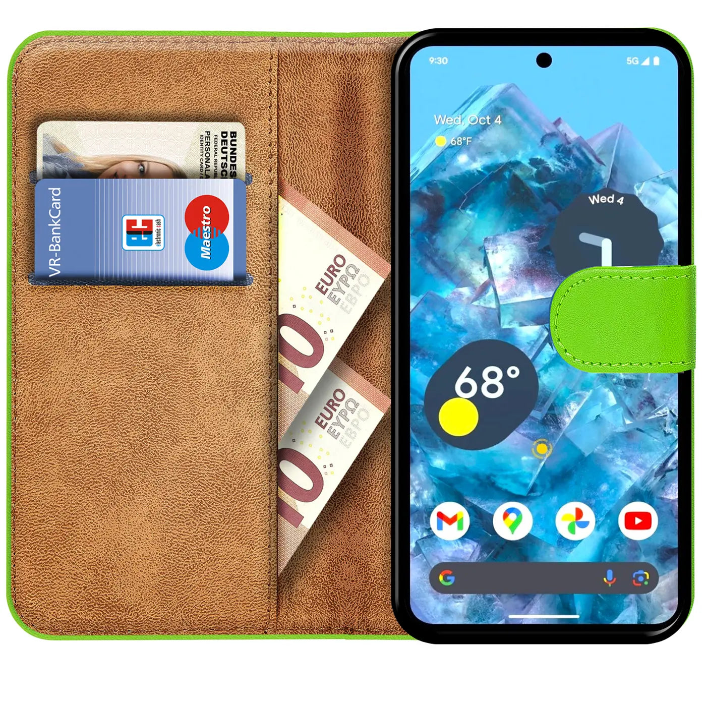 Grüne Klapphülle aus Kunstleder für Google Pixel 8a, geöffnet mit Karten und Geldscheinen in Fächern, schräg von oben.