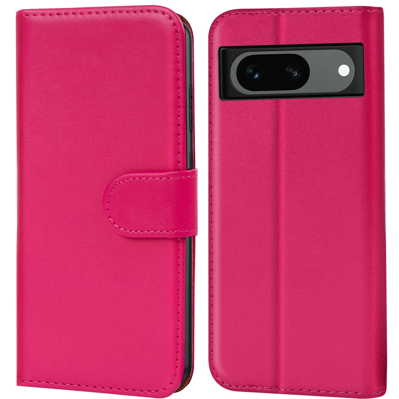 Fuchsiafarbene Kunstleder-Klapphülle für Google Pixel 8a, geschlossen von vorne und offen mit Kameraausschnitt von hinten.