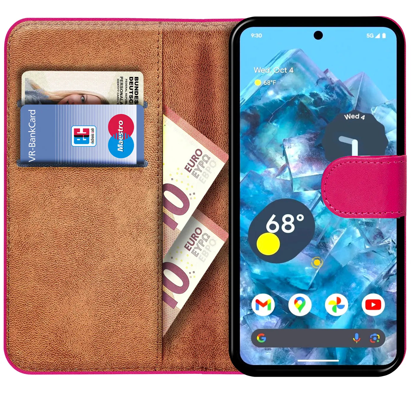 Pinke Kunstleder-Klapphülle für Google Pixel 8a, offen mit brauner Innenseite, 2 Karten und 2 Geldscheinen.