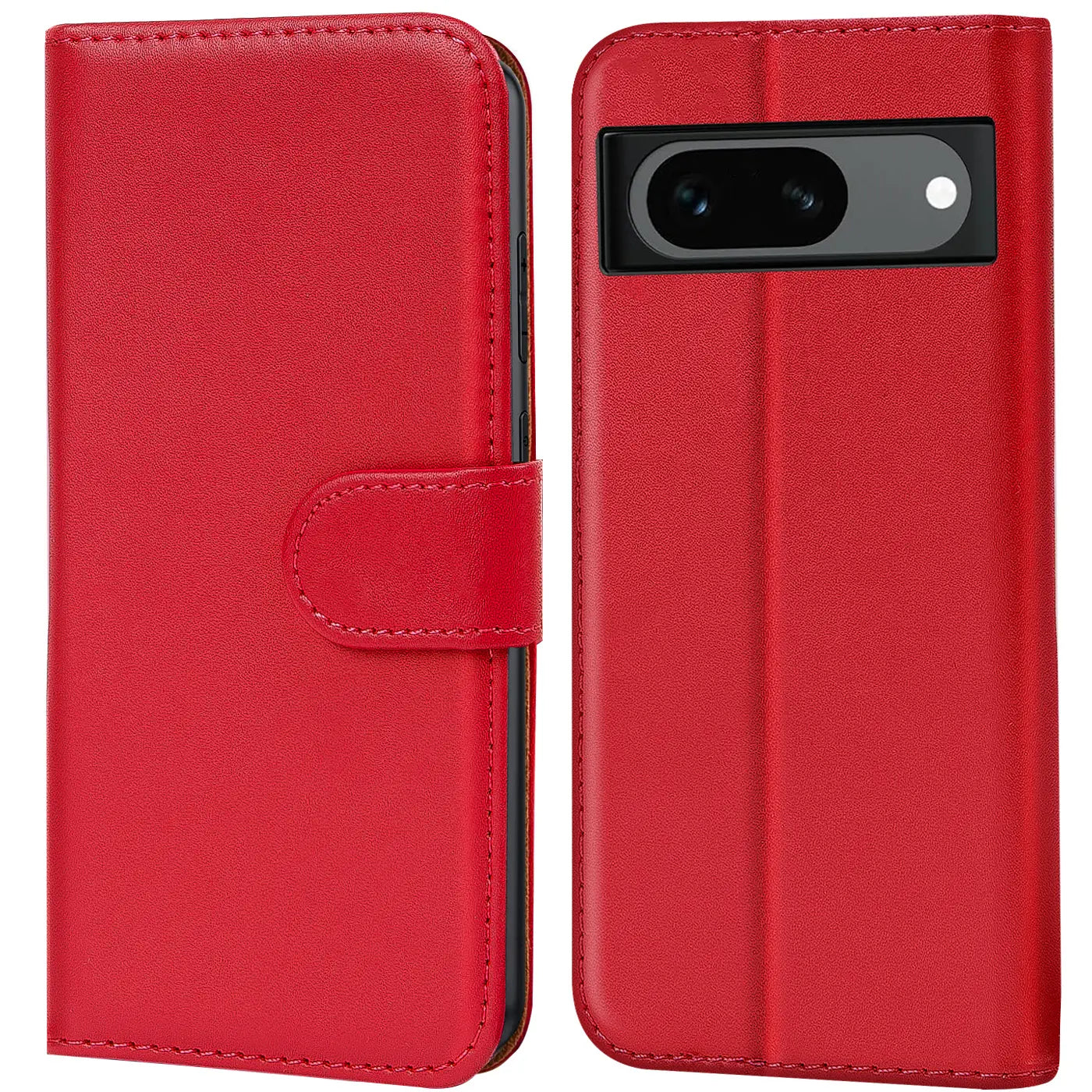 Rote Kunstleder Klapphülle für Google Pixel 8a, links geschlossen mit Lasche, rechts offen mit Kameraausschnitt.