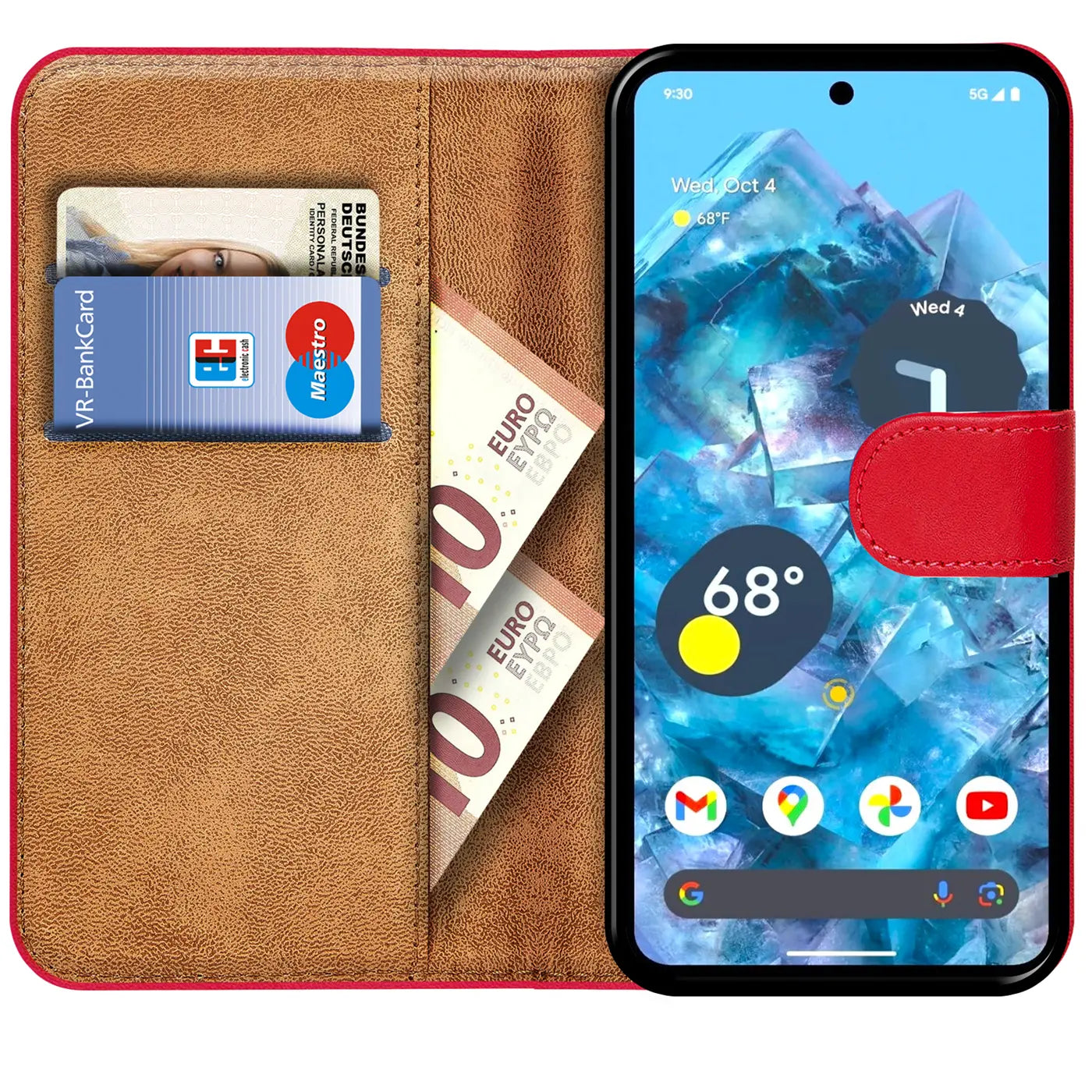 Rote Kunstleder Klapphülle für Google Pixel 8a, geöffnet mit brauner Innenseite, Karten und Geldscheinen.