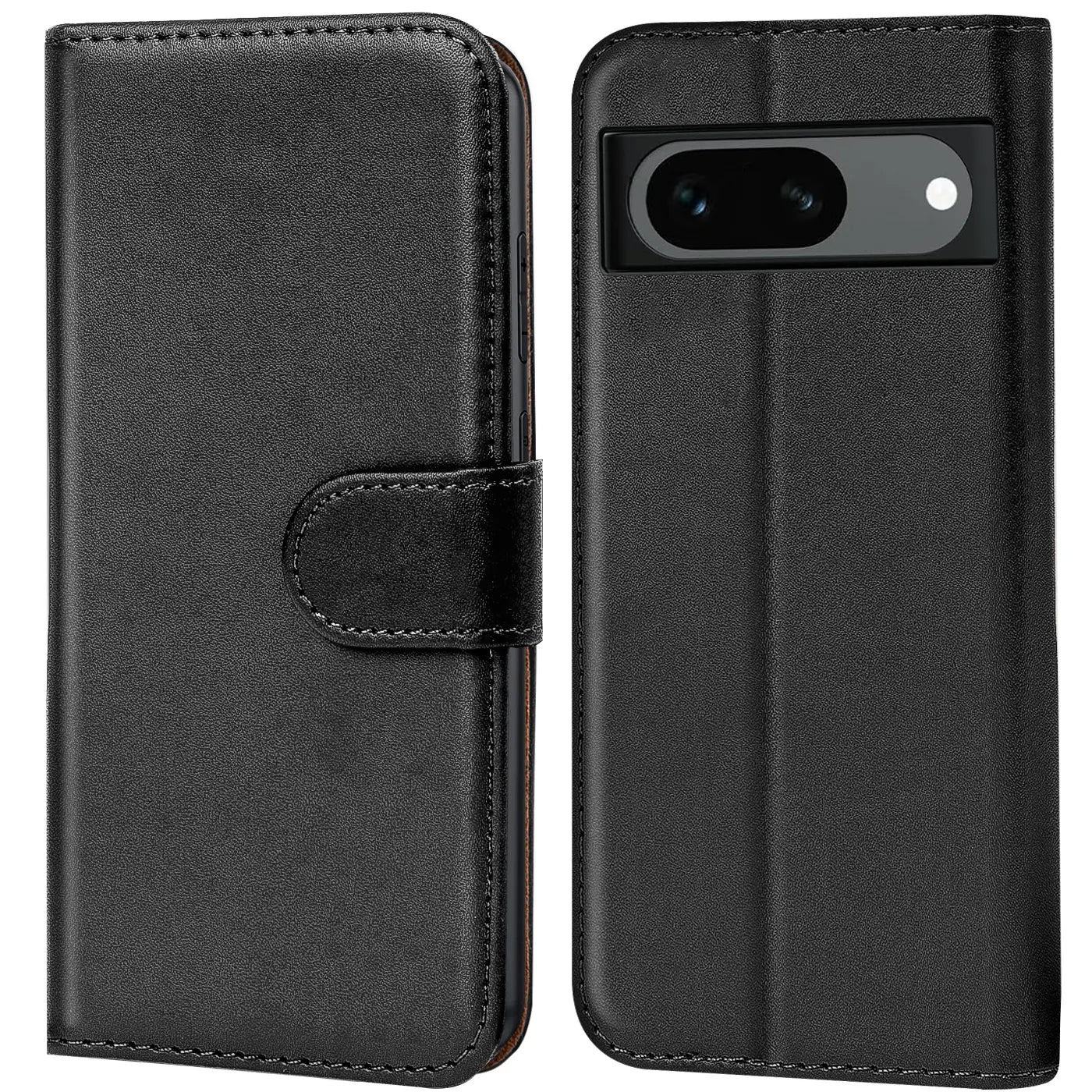 Zwei schwarze Kunstleder-Klapphüllen für das Google Pixel 8a, eine geschlossen mit Lasche, eine offen mit Kameraausschnitt.