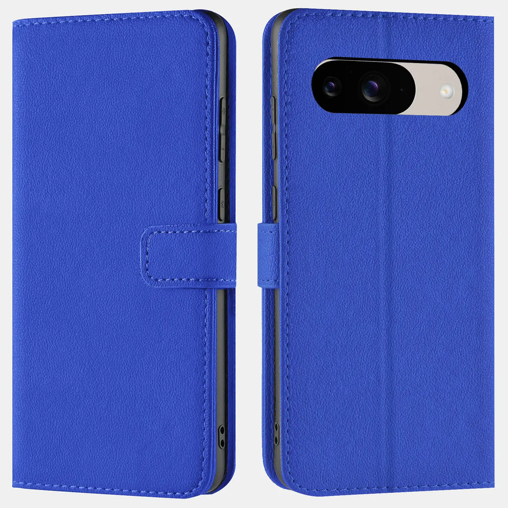 Blaue Kunstleder Klapphülle für Google Pixel 9, geschlossen und offen mit Kameraausschnitt, Vorderansicht.