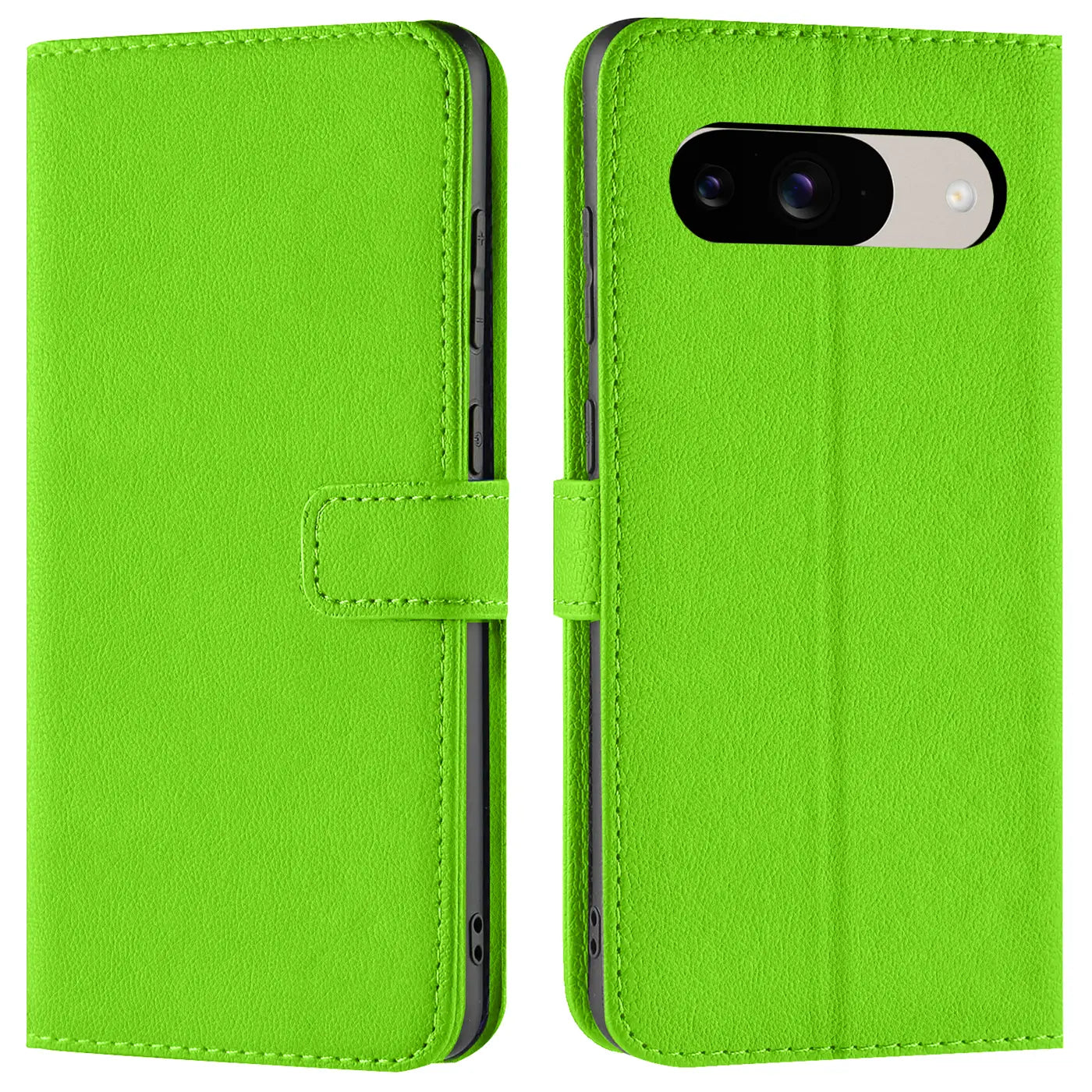 Zwei Ansichten einer neongrünen Kunstleder-Klapphülle für Google Pixel 9. Links geschlossen, rechts offen mit Kamera.