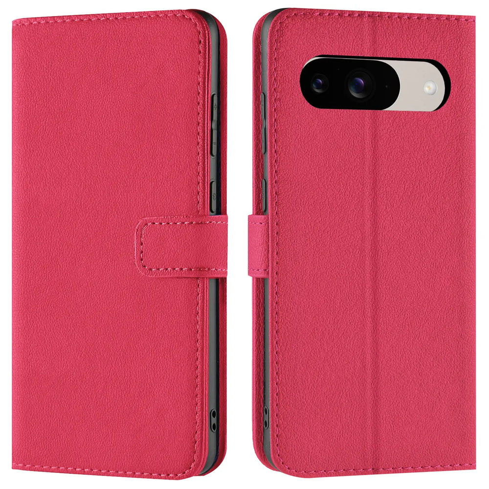 Fuchsiafarbene Kunstleder-Klapphülle für Google Pixel 9, von vorne geschlossen und mit offenem Kamerabereich gezeigt.
