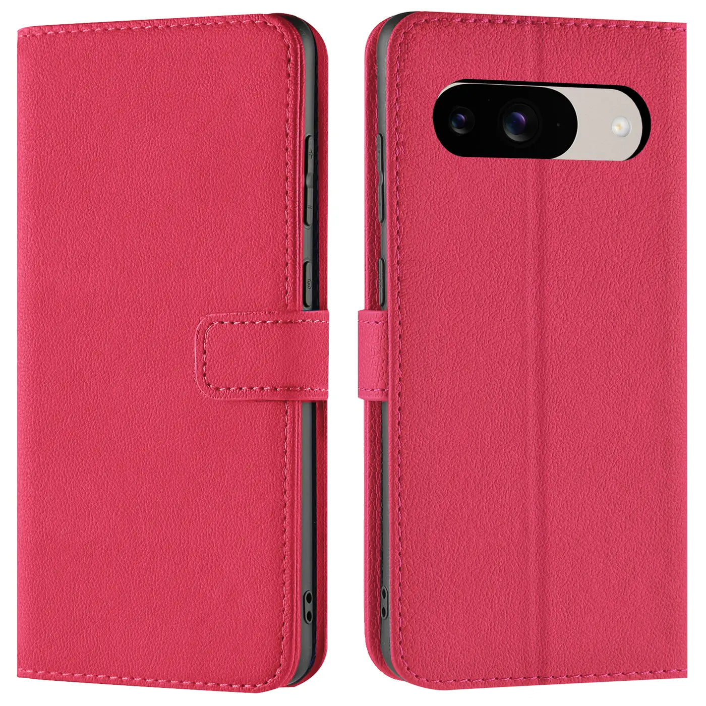 Fuchsiafarbene Kunstleder-Klapphülle für Google Pixel 9, von vorne geschlossen und mit offenem Kamerabereich gezeigt.