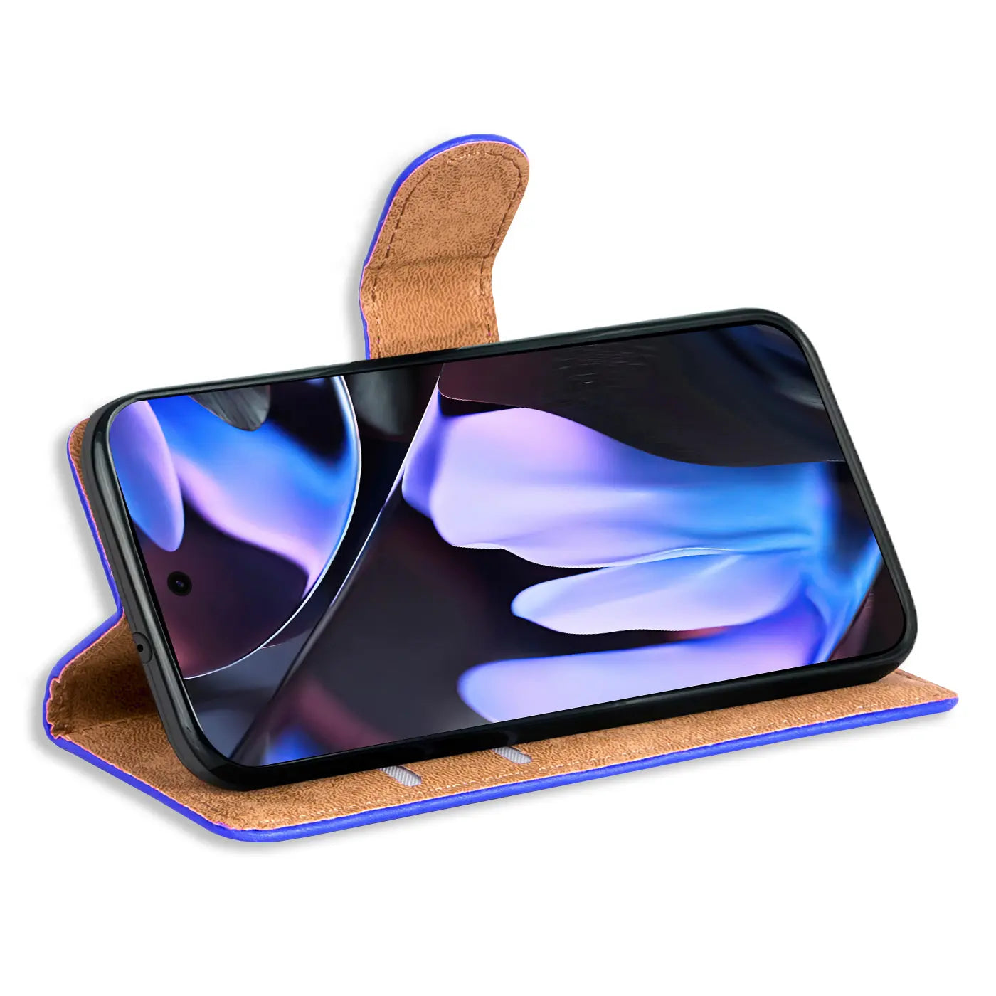 Blau-braune Kunstleder Klapphülle mit Kartenfächern für Google Pixel 9 Pro, als Ständer genutzt, schräg von oben.