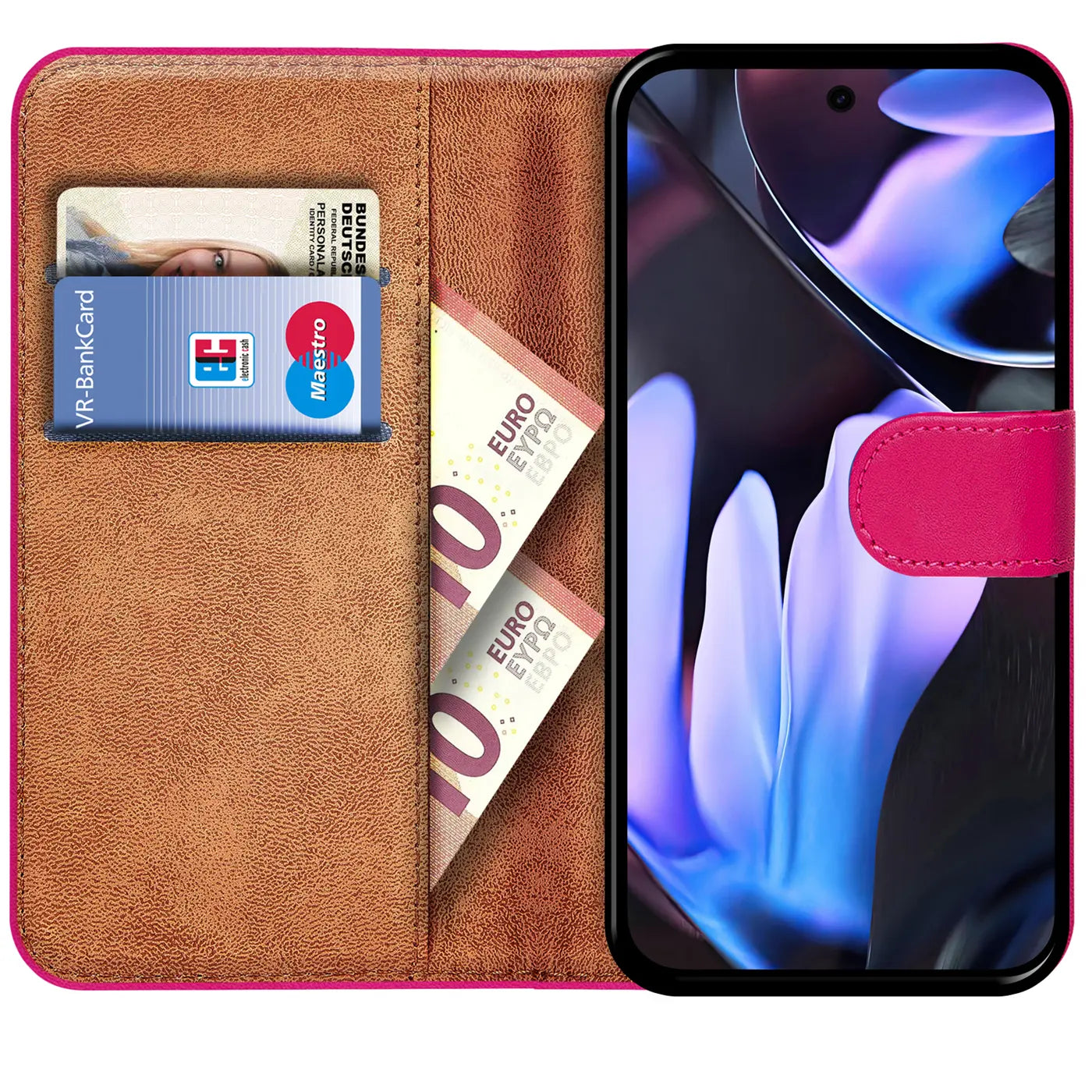 Offene pinke Klapphülle aus Kunstleder für Google Pixel 9 Pro, innen braun, mit Karten und Geldscheinen.
