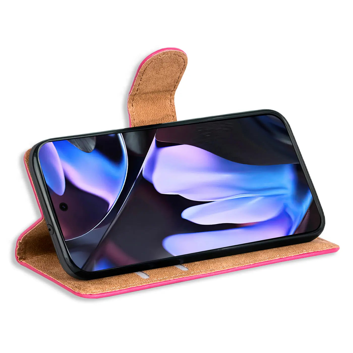Pinke Kunstleder-Klapphülle für Google Pixel 9 Pro, seitlich aufgestellt, mit brauner Innenseite und drei Kartenfächern.