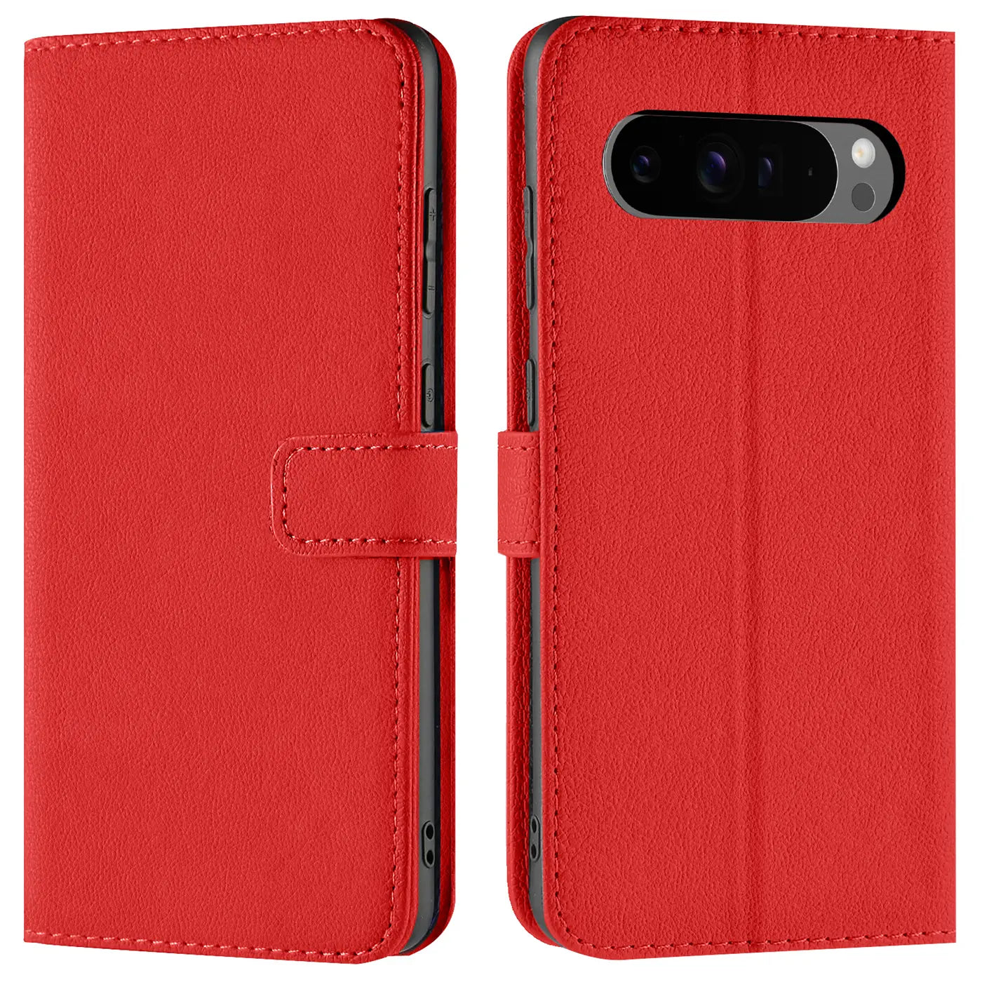 Rote Kunstleder Klapphülle für Google Pixel 9 Pro, geschlossen und geöffnet von vorne, mit Kameraausschnitt.