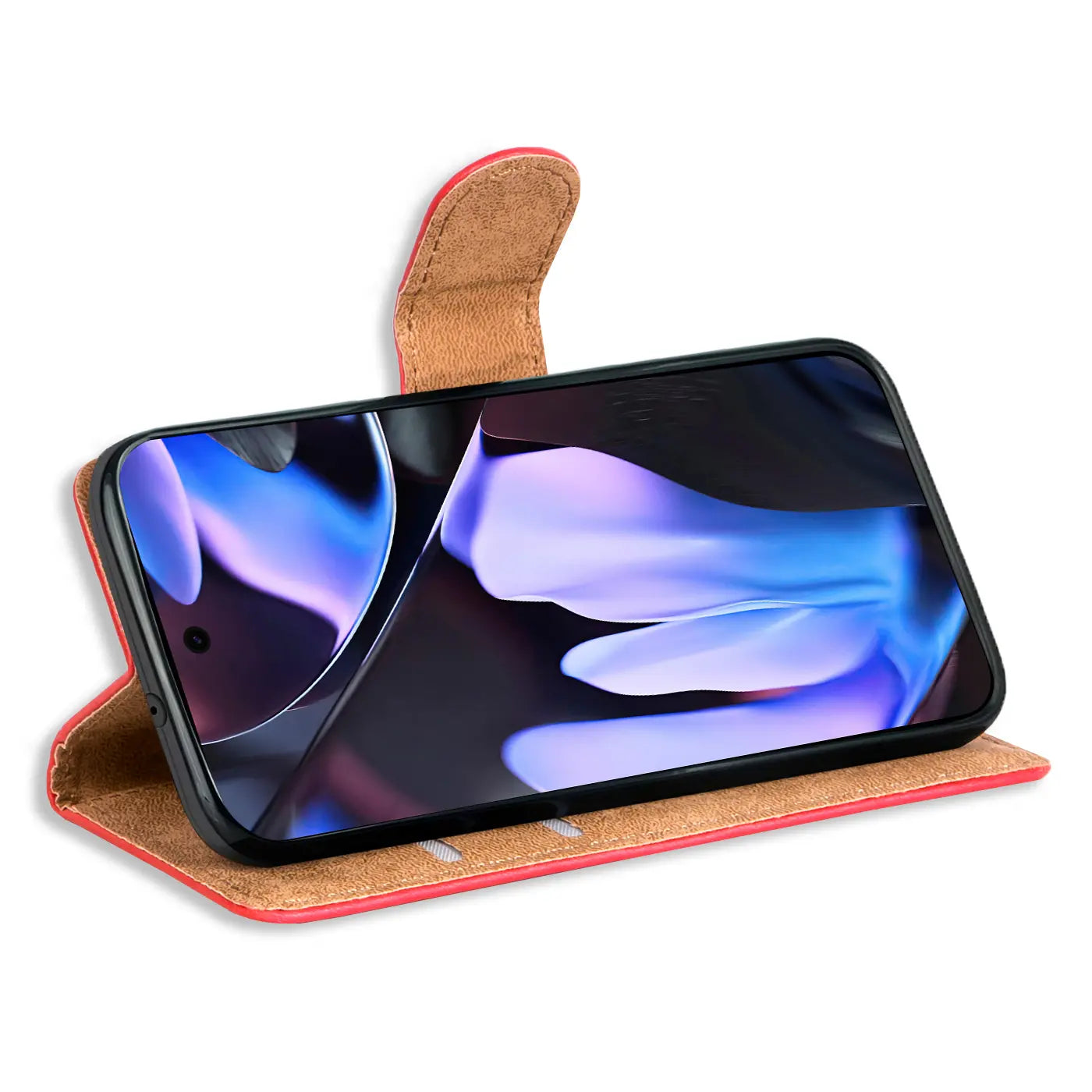 Rotes Kunstleder-Flipcase mit Google Pixel 9 Pro, seitlich aufgestellt, leicht schräg von oben. Drei Kartenfächer sichtbar.