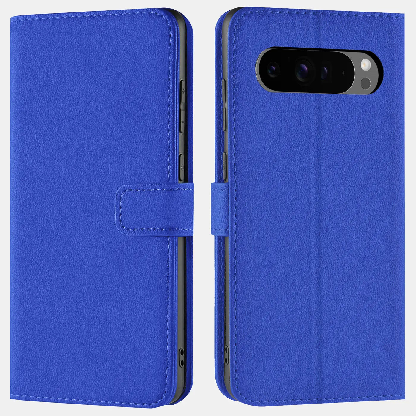 Zwei blaue Kunstleder-Klapphüllen für das Google Pixel 9 Pro XL, geschlossen und offen mit Kameraausschnitt.