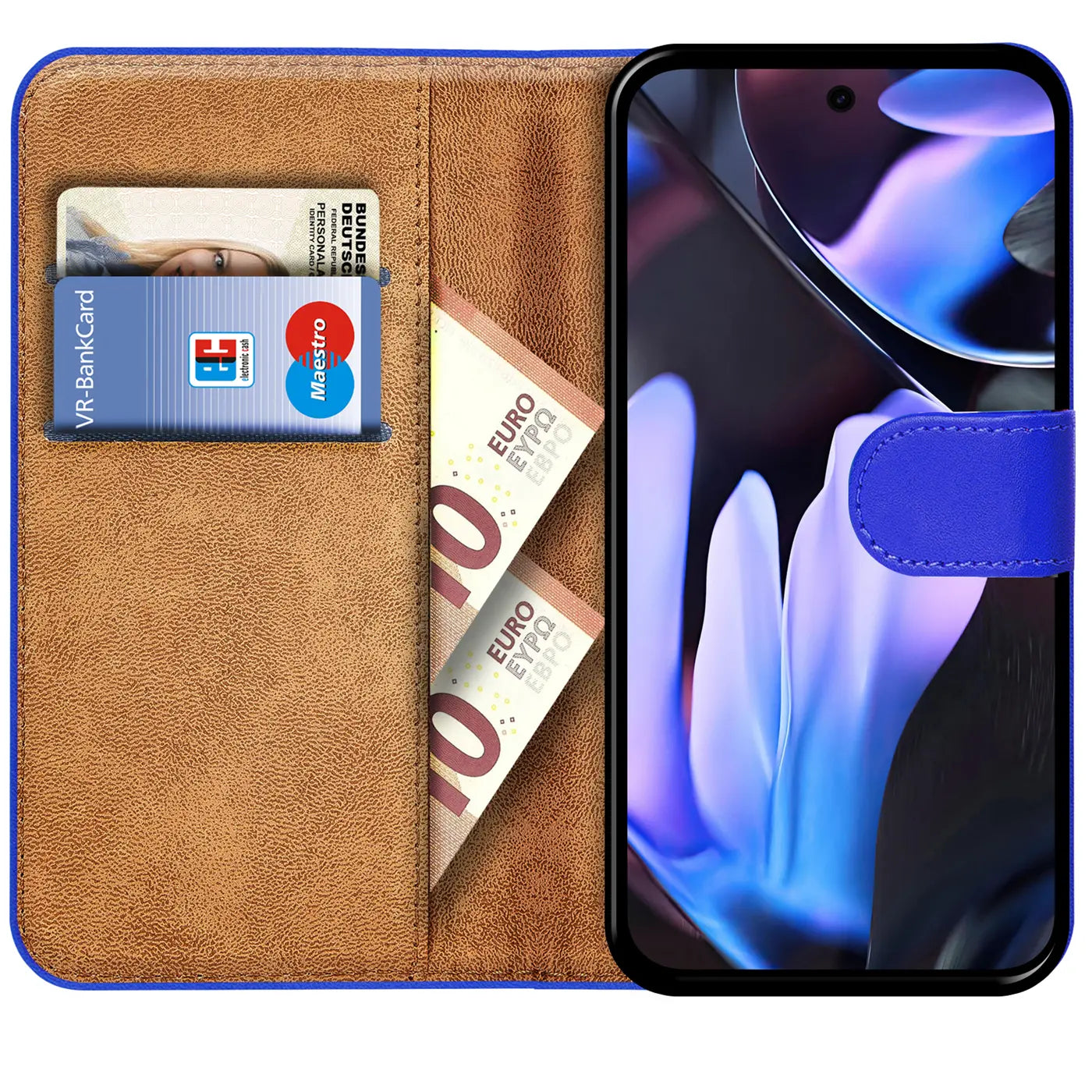 Blaue Kunstleder-Klapphülle für Google Pixel 9 Pro XL, geöffnet. Innen braun mit Kartenfächern, Geld und Bankkarten.