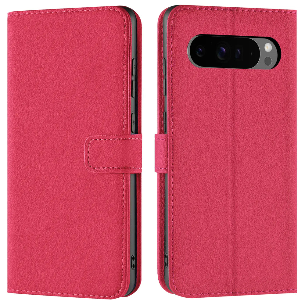 Zwei Ansichten einer pinken Kunstleder-Klapphülle für Google Pixel 9 Pro XL, geschlossen und offen mit Kameraausschnitt.