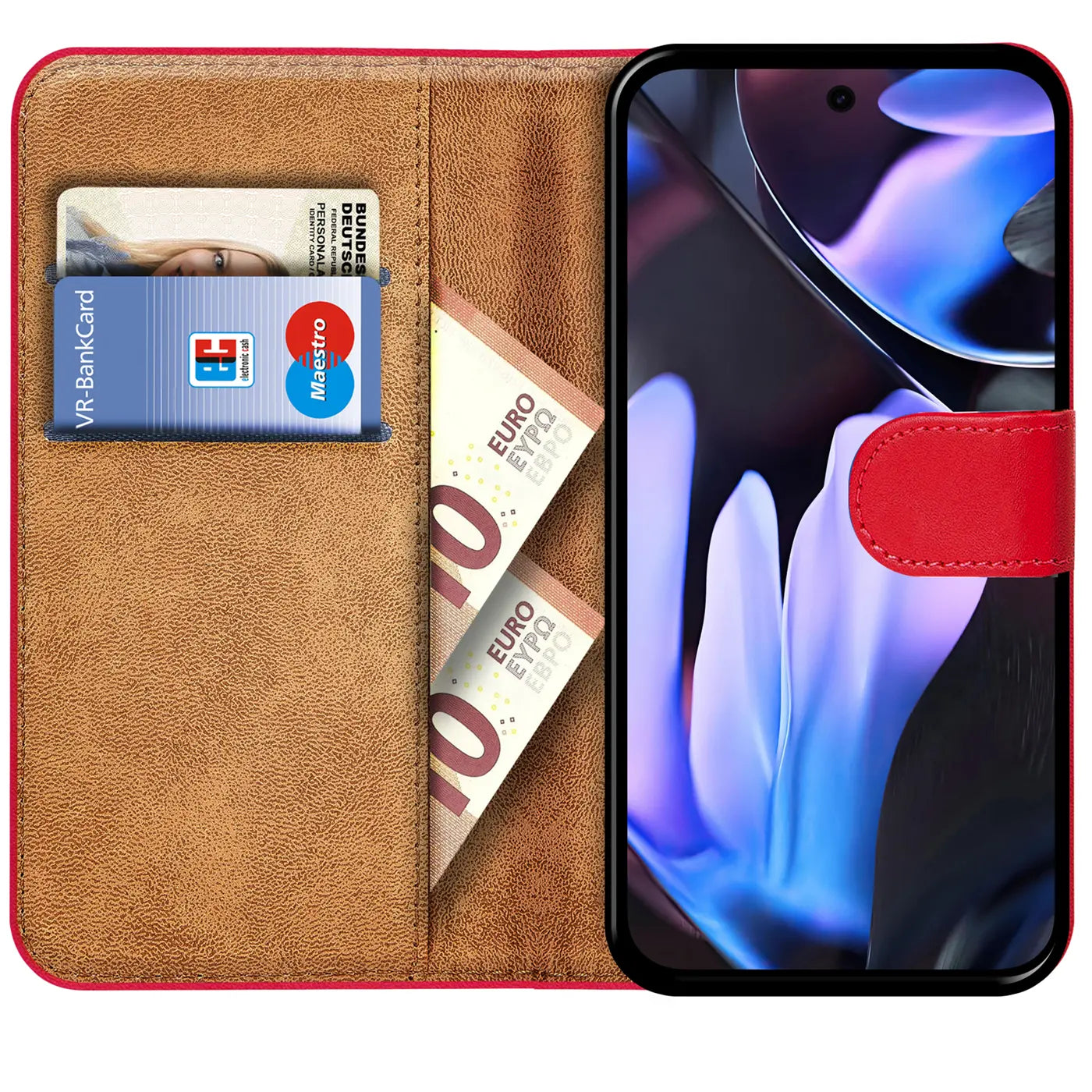 Rote Kunstleder-Klapphülle für Google Pixel 9 Pro XL, offen, mit brauner Innenseite, Karten und Geldscheinen.