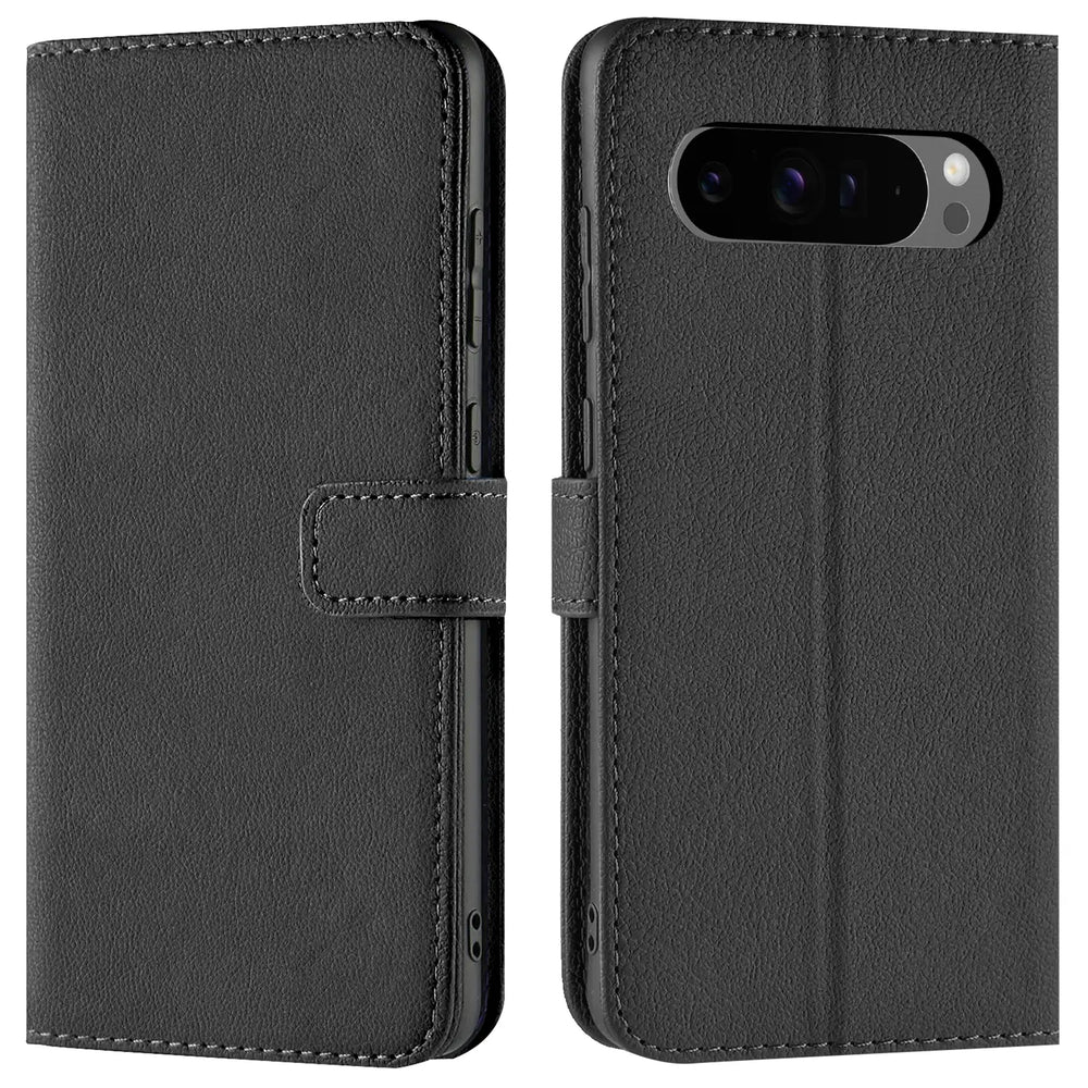 Schwarze Kunstleder-Klapphülle für Google Pixel 9 Pro XL, geschlossen von vorne und offen mit Kameraausschnitt von hinten.