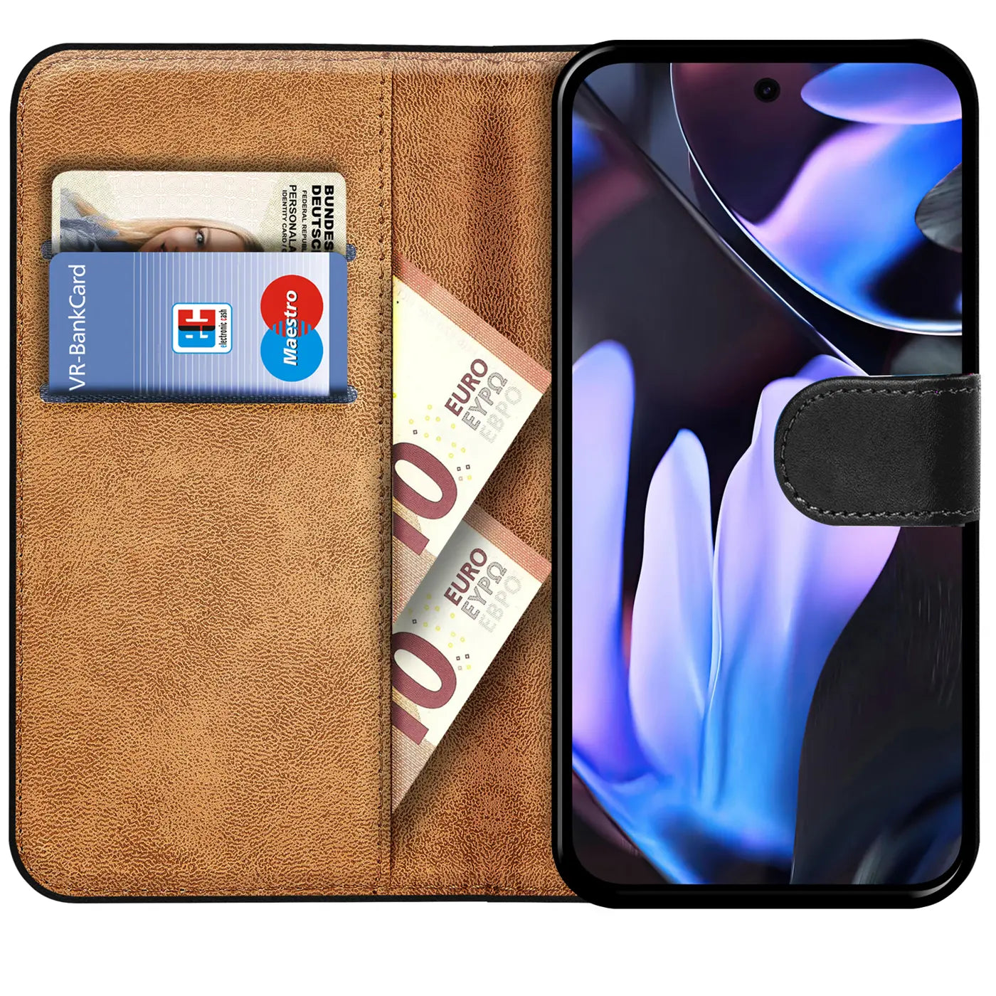 Braune Kunstleder-Klapphülle für Google Pixel 9 Pro XL, offen mit Kartenfächern, Geld und schwarzem Verschluss.
