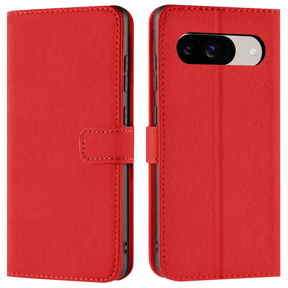 Rote Kunstleder Klapphülle für Google Pixel 9, geschlossen und geöffnet mit sichtbarer Kamera, Vorderansicht.