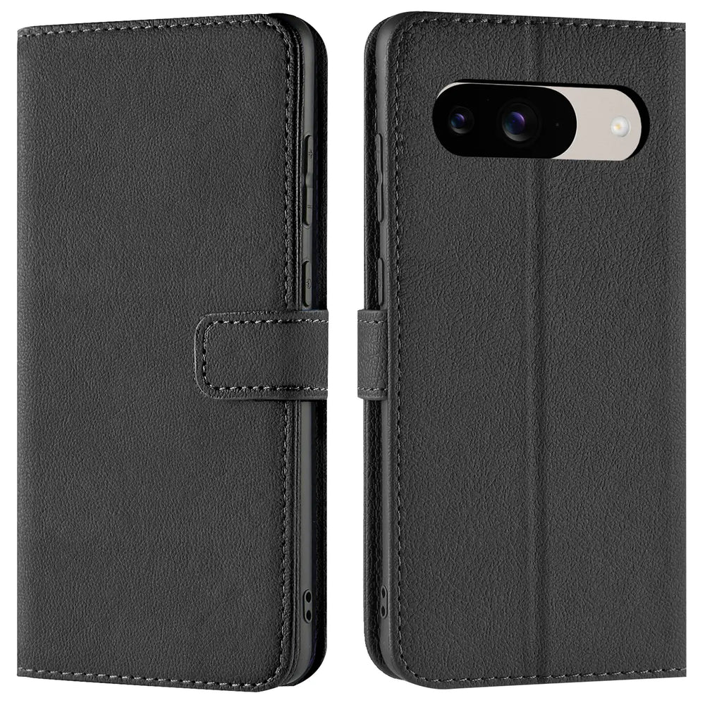 Zwei Ansichten einer schwarzen Kunstleder-Klapphülle für Google Pixel 9. Links geschlossen, rechts mit Kameraausschnitt.