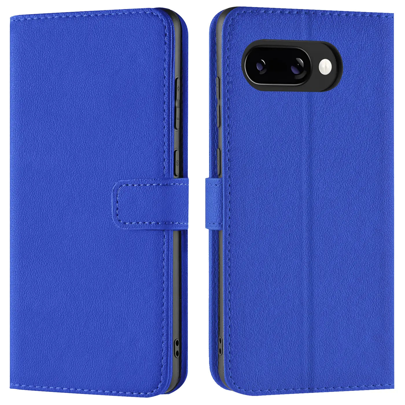 Zwei Ansichten einer blauen Kunstleder-Klapphülle für Google Pixel 9a. Links geschlossen, rechts geöffnet mit.