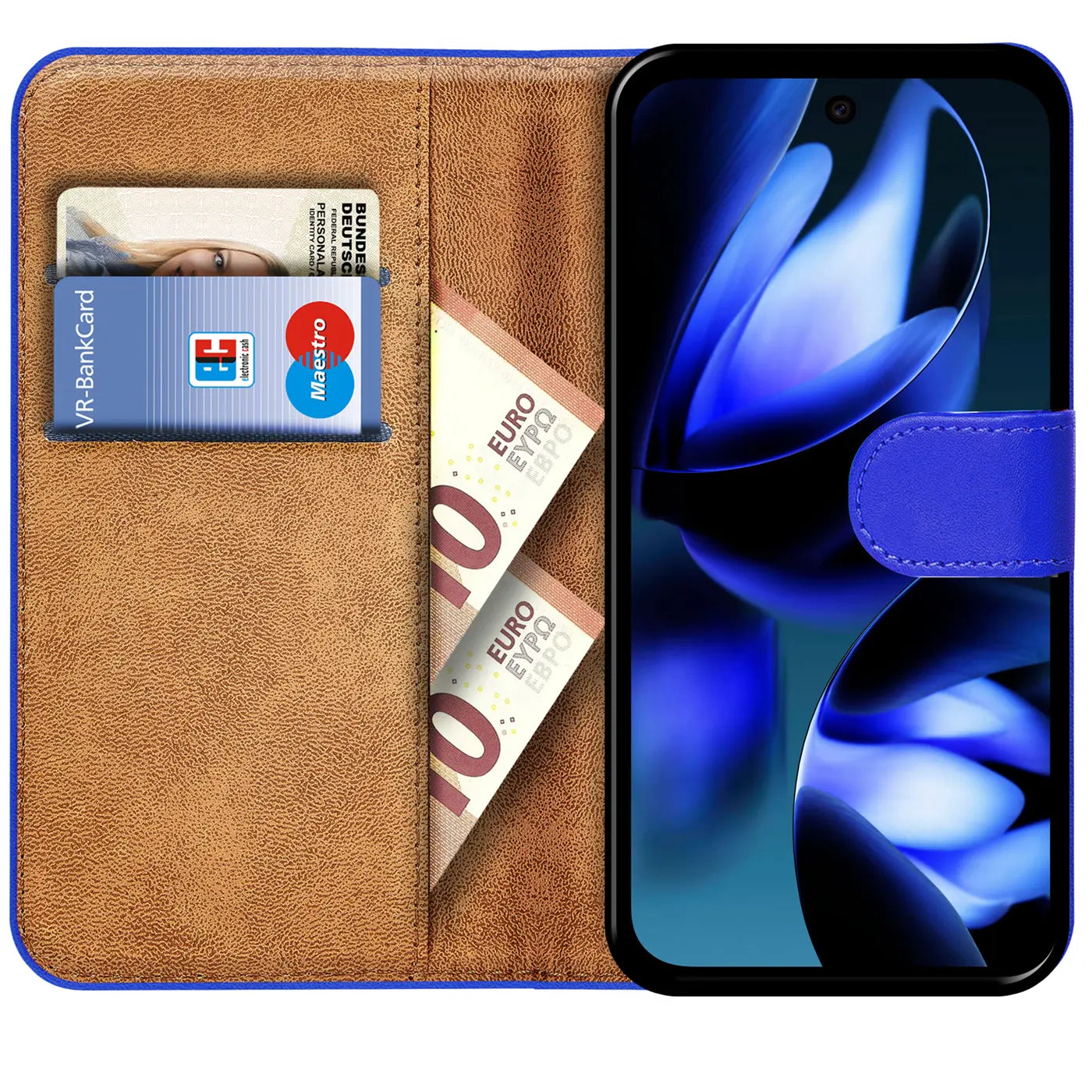 Google Pixel 9a Klapphülle, blau, Kunstleder, geöffnet, mit Kartenfächern, Ausweis, Bankkarte und Geldscheinen.