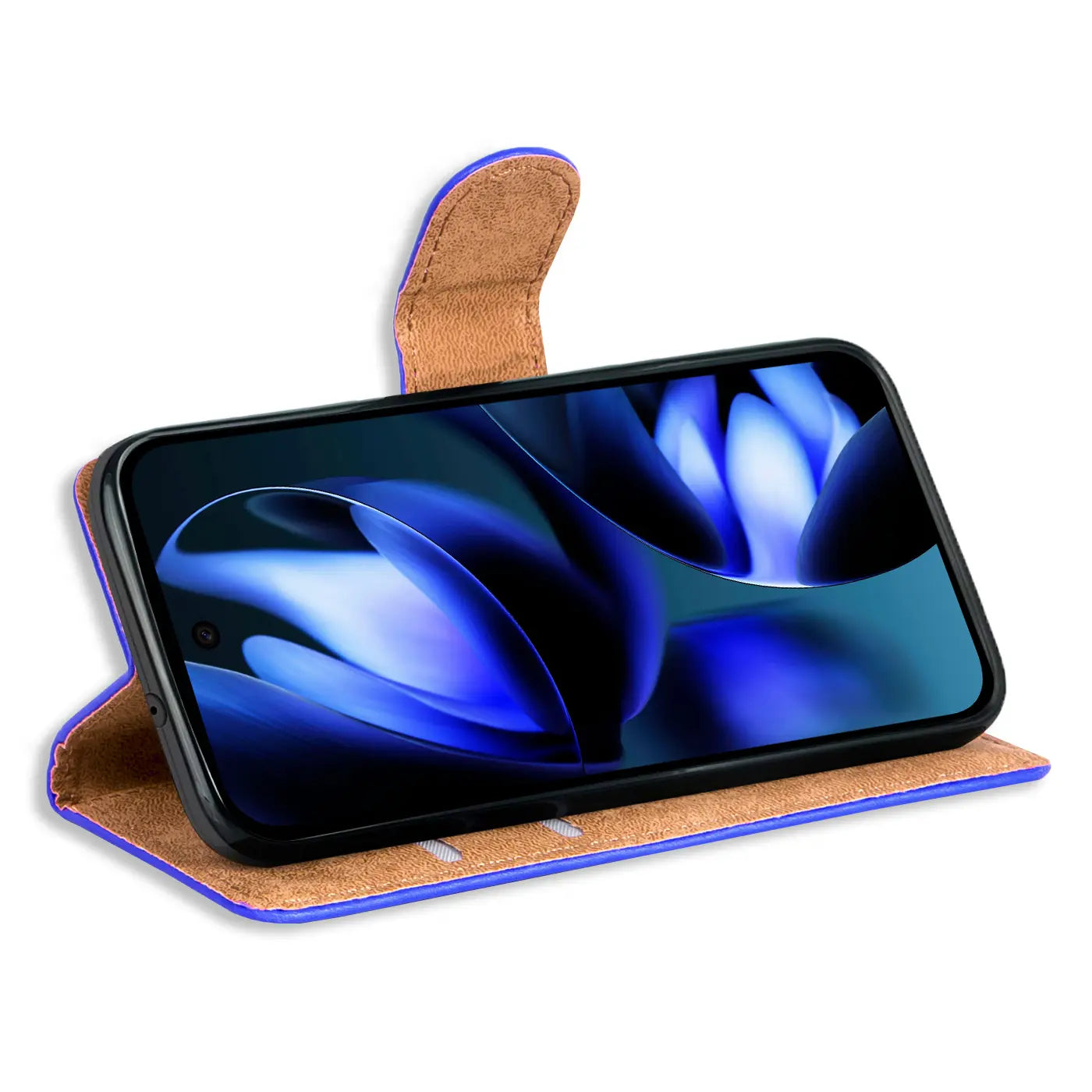 Google Pixel 9a in blauer Klapphülle aus Kunstleder, aufgeklappt als Ständer, schräg von vorne.