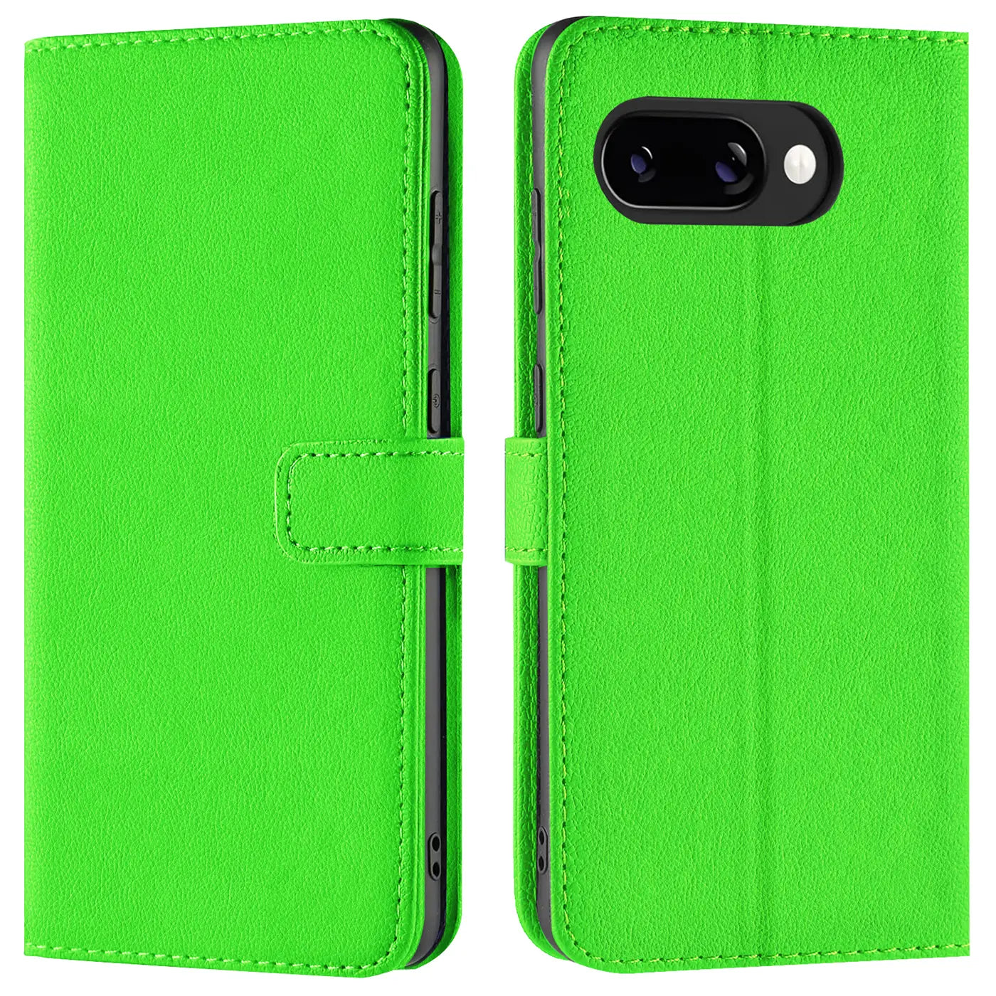 Zwei Ansichten einer neongrünen Kunstleder-Klapphülle für das Google Pixel 9a, geschlossen und mit Kameraausschnitt.