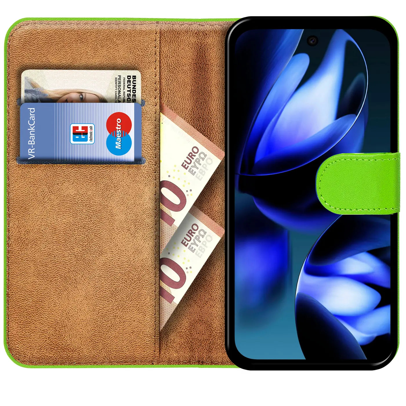Grüne Klapphülle für Google Pixel 9a, Kunstleder, offen, mit Kartenfächern, Bankkarte und Geldscheinen.