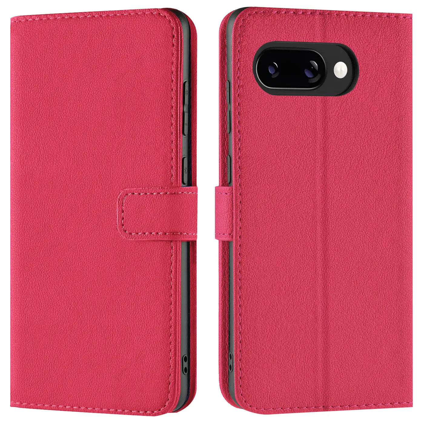 Zwei Ansichten einer pinken Kunstleder-Klapphülle für Google Pixel 9a. Links geschlossen, rechts offen mit sichtbarer Kamera.