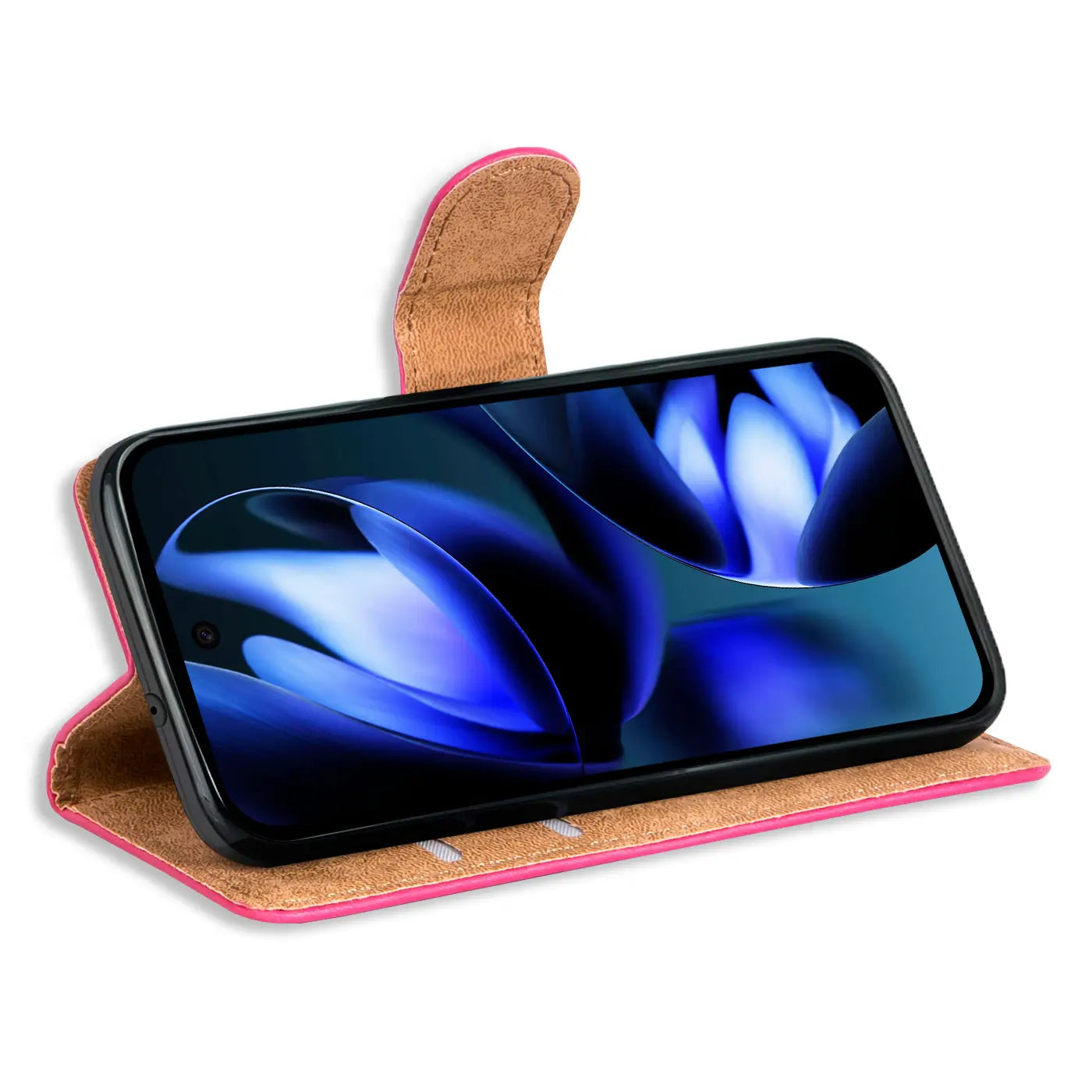 Google Pixel 9a in pinker Kunstleder-Klapphülle mit Kartenfächern, seitlich stehend, Display mit blauem Hintergrund.
