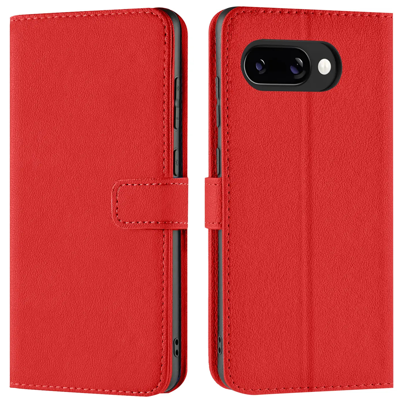 Rote Kunstleder-Klapphülle für Google Pixel 9a, geschlossen (links) und offen mit Kameraausschnitt (rechts), Frontalansicht.