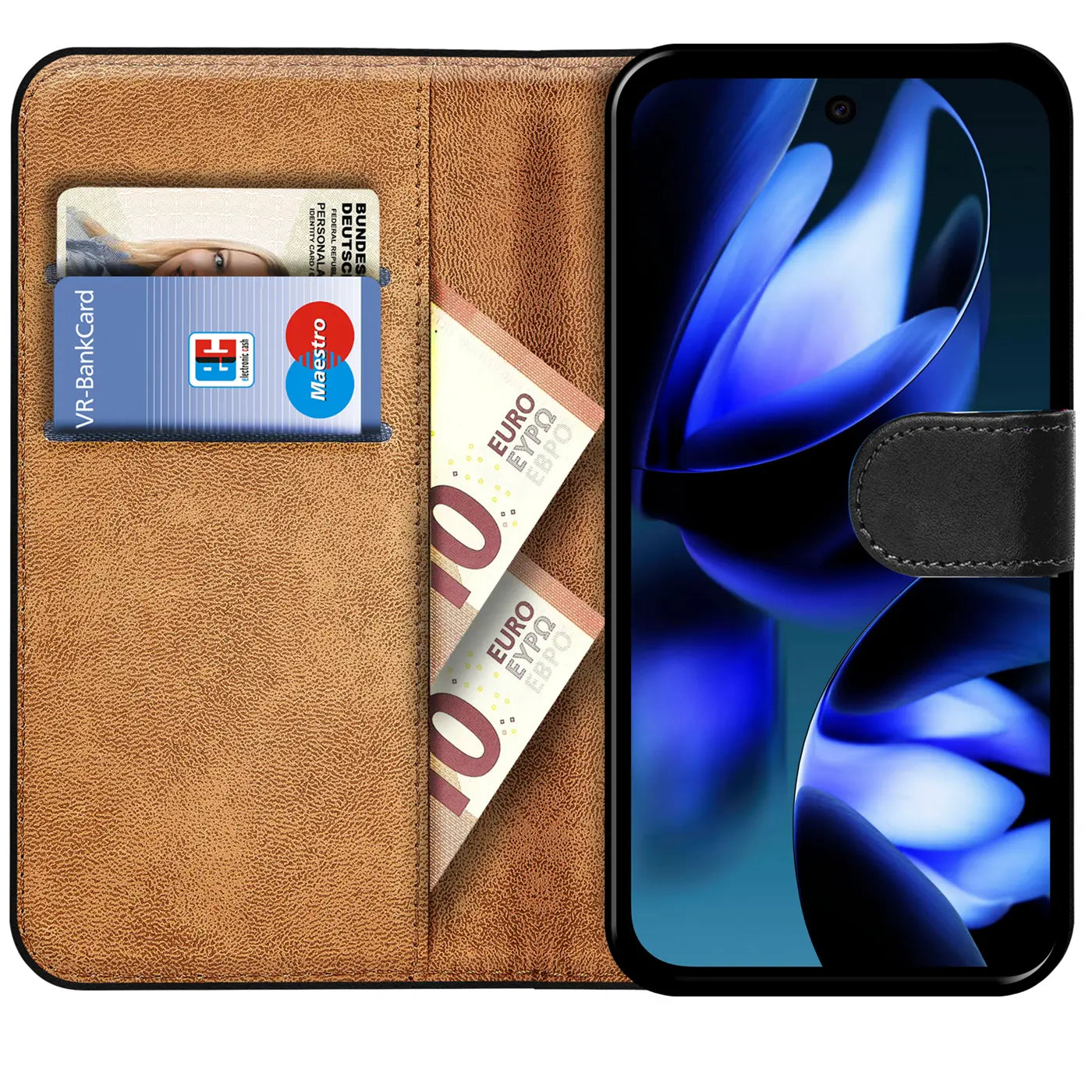 Braune Kunstleder-Klapphülle für Google Pixel 9a, offen, mit 2 Kartenfächern und Geldscheinfach.