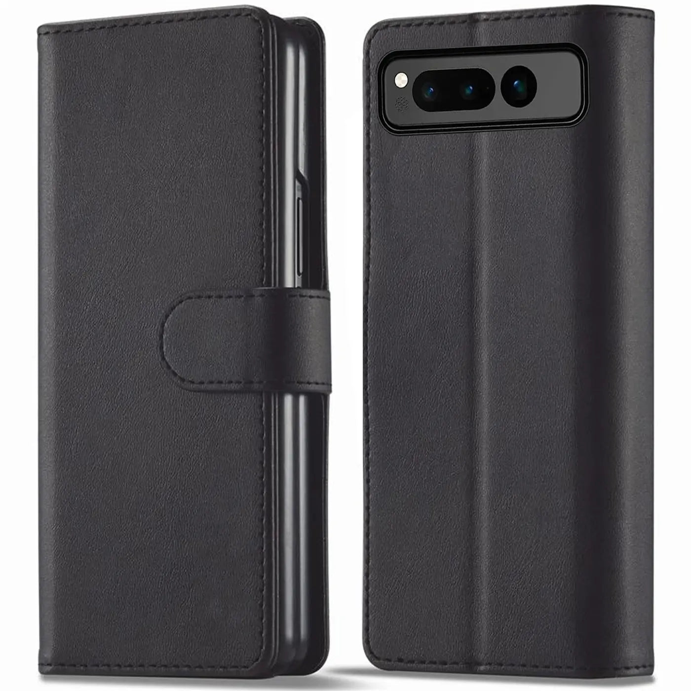 Zwei schwarze Kunstleder-Klapphüllen für das Google Pixel Fold, links geschlossen mit Lasche, rechts offen mit.