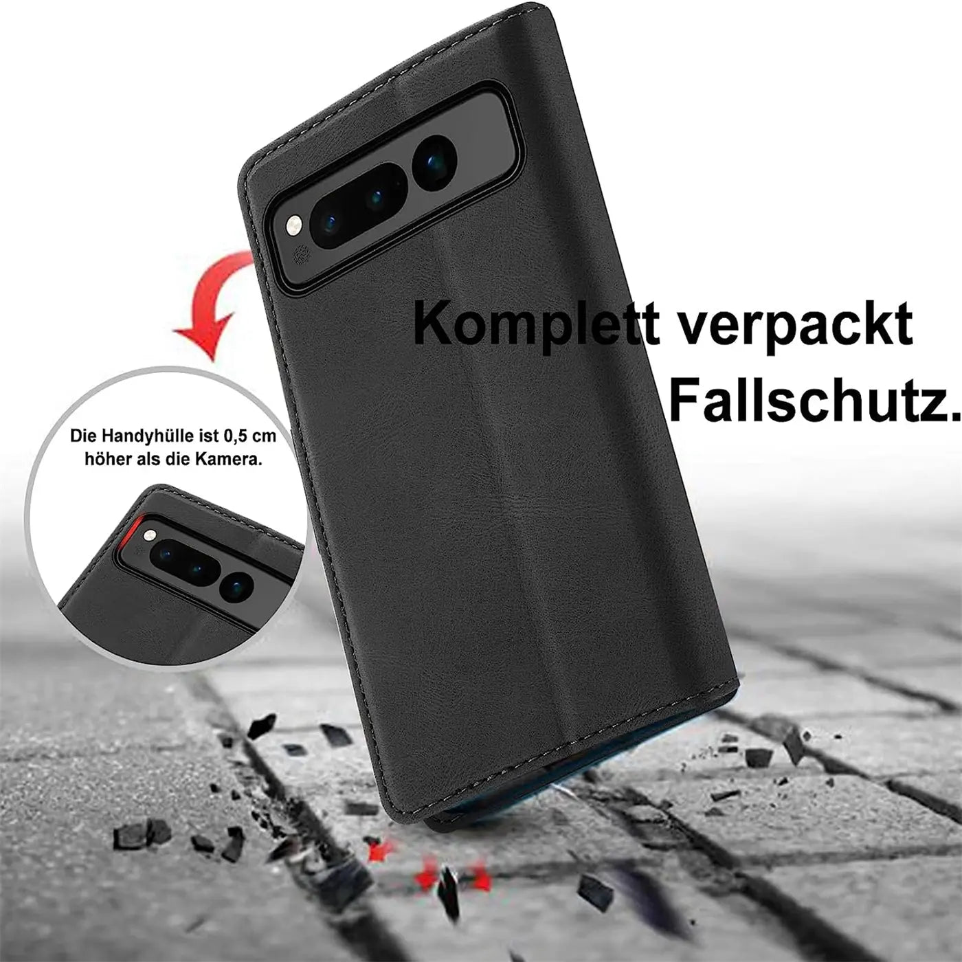 Schwarze Kunstleder-Klapphülle für Google Pixel Fold, schräg von oben, mit Kameraausschnitt und Fallschutz-Symbolen.